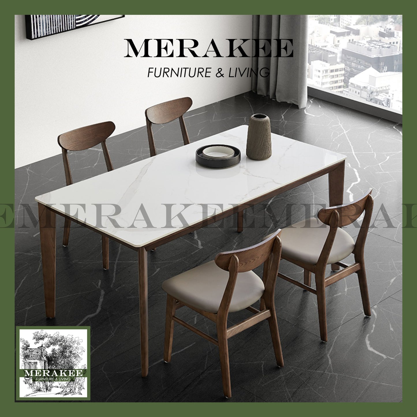 MERAKEE Customized Marble Like Sintered Stone Solid Ashwood Leg Dining Table Dining Room Furniture AW12