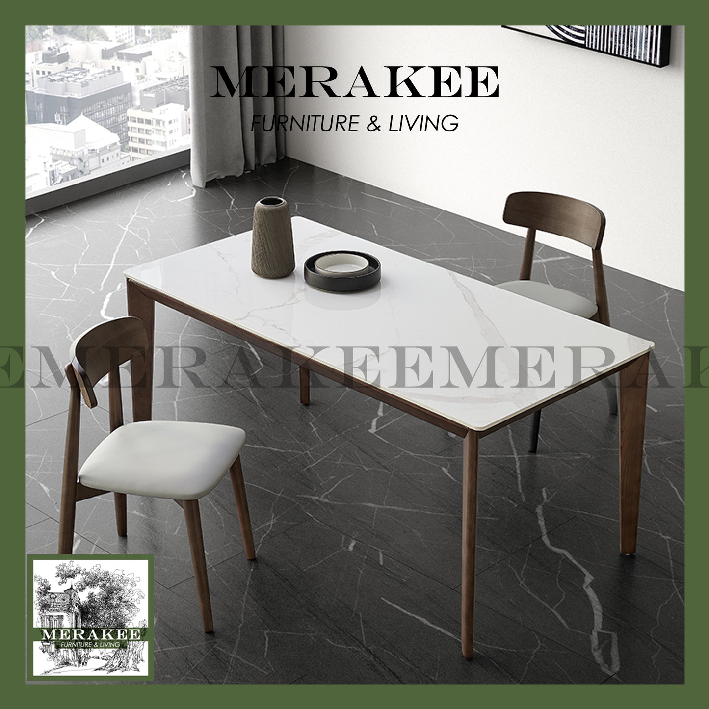 MERAKEE Customized Marble Like Sintered Stone Solid Ashwood Leg Dining Table Dining Room Furniture AW12
