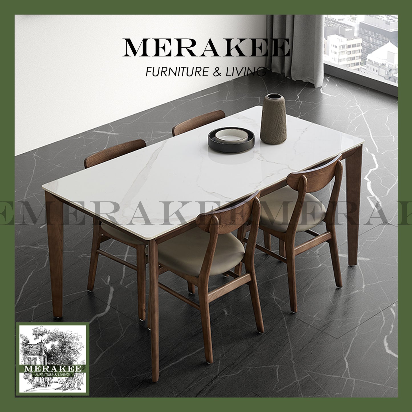 MERAKEE Customized Marble Like Sintered Stone Solid Ashwood Leg Dining Table Dining Room Furniture AW12