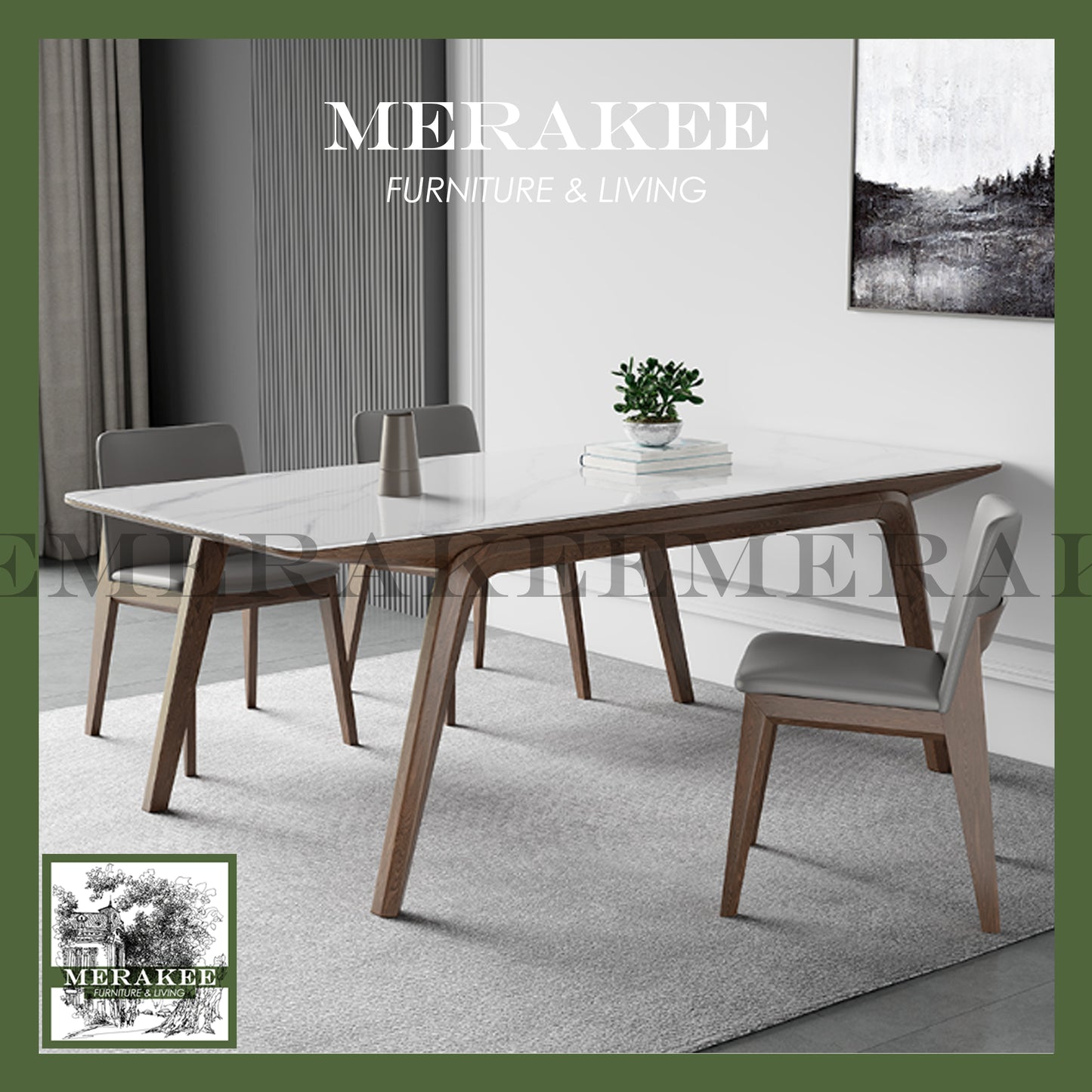 MERAKEE Customized Marble Like Sintered Stone Solid Ash Wood Stand Dining Table Dining Room Furniture AW14