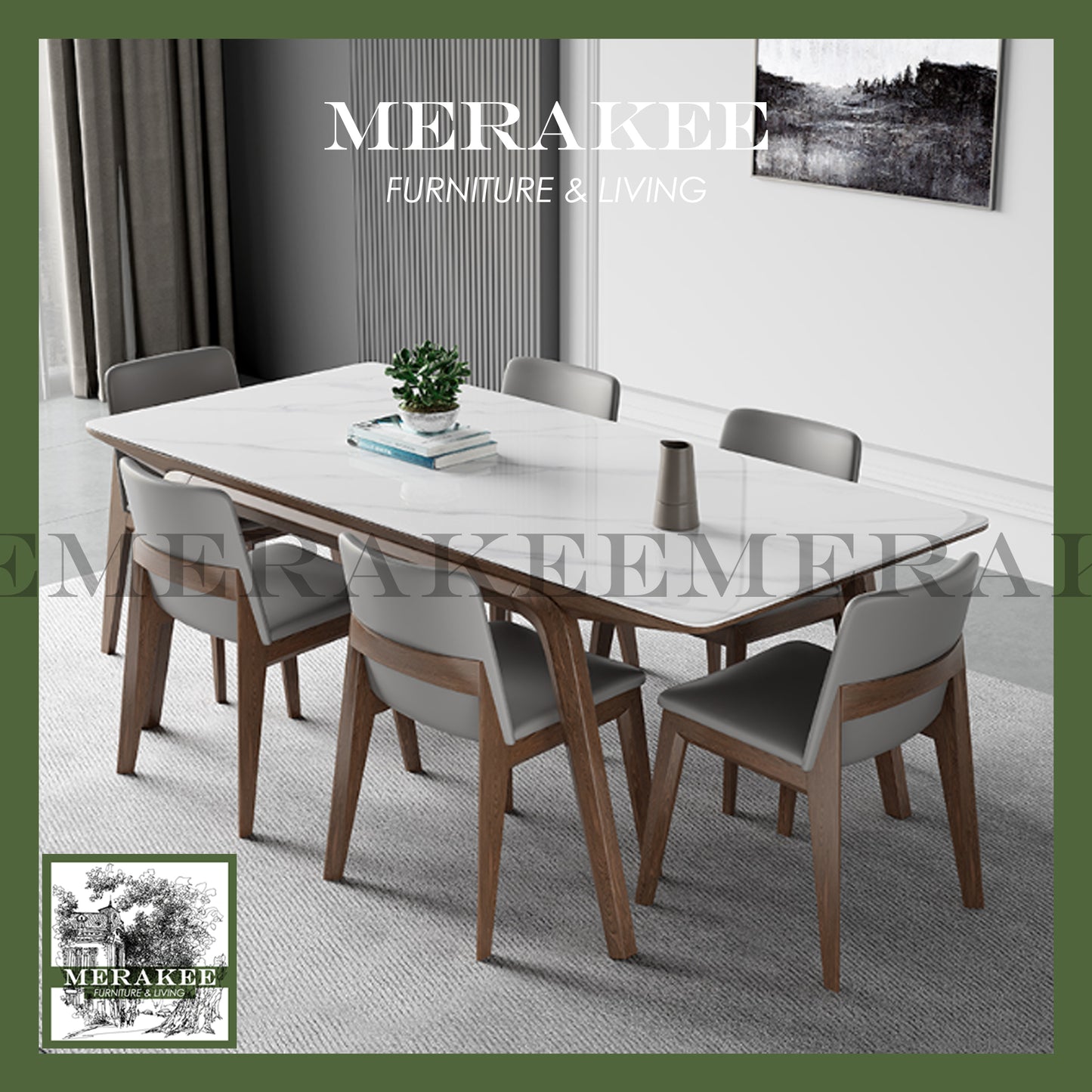 MERAKEE Customized Marble Like Sintered Stone Solid Ash Wood Stand Dining Table Dining Room Furniture AW14