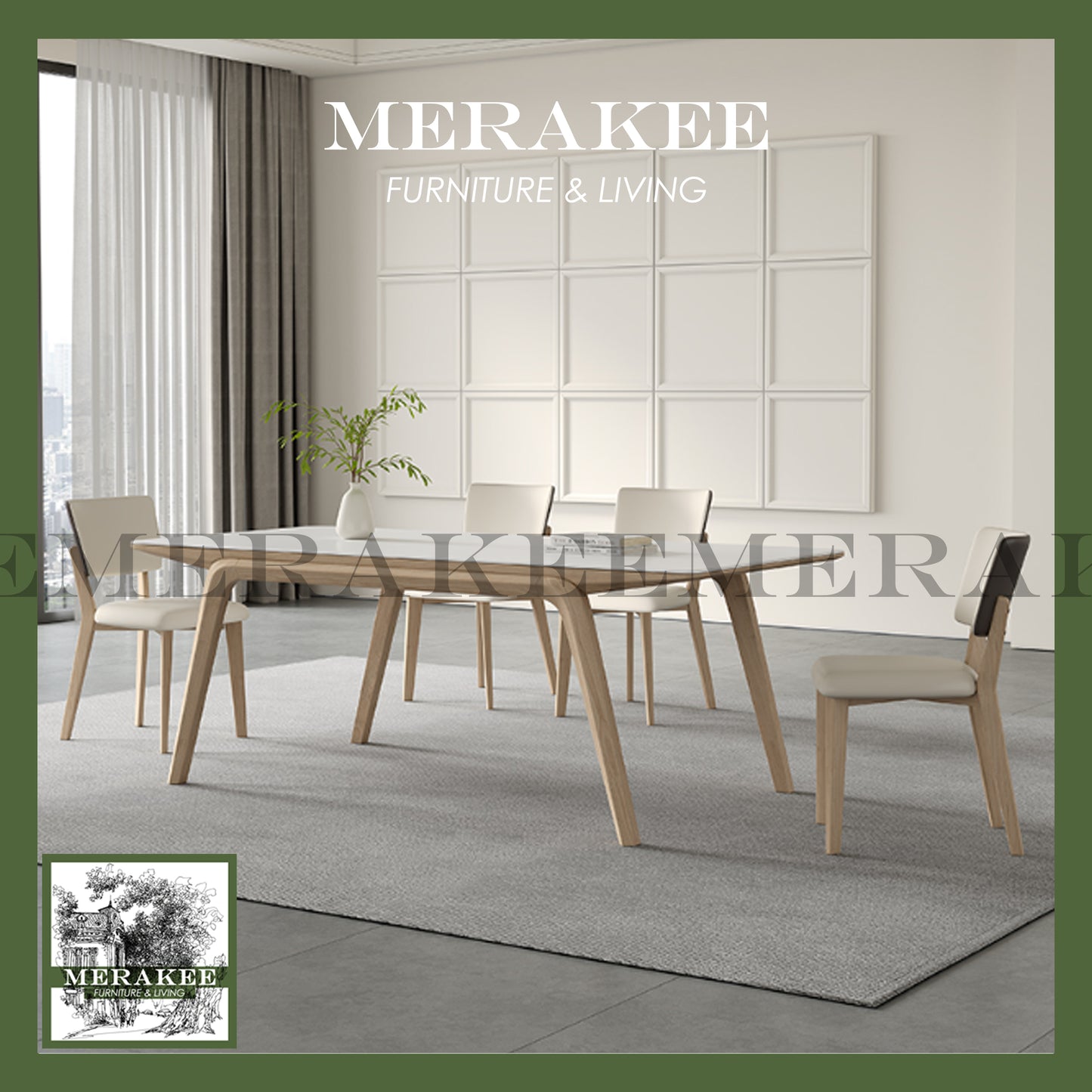 MERAKEE Customized Marble Like Sintered Stone Solid Ash Wood Stand Dining Table Dining Room Furniture AW14
