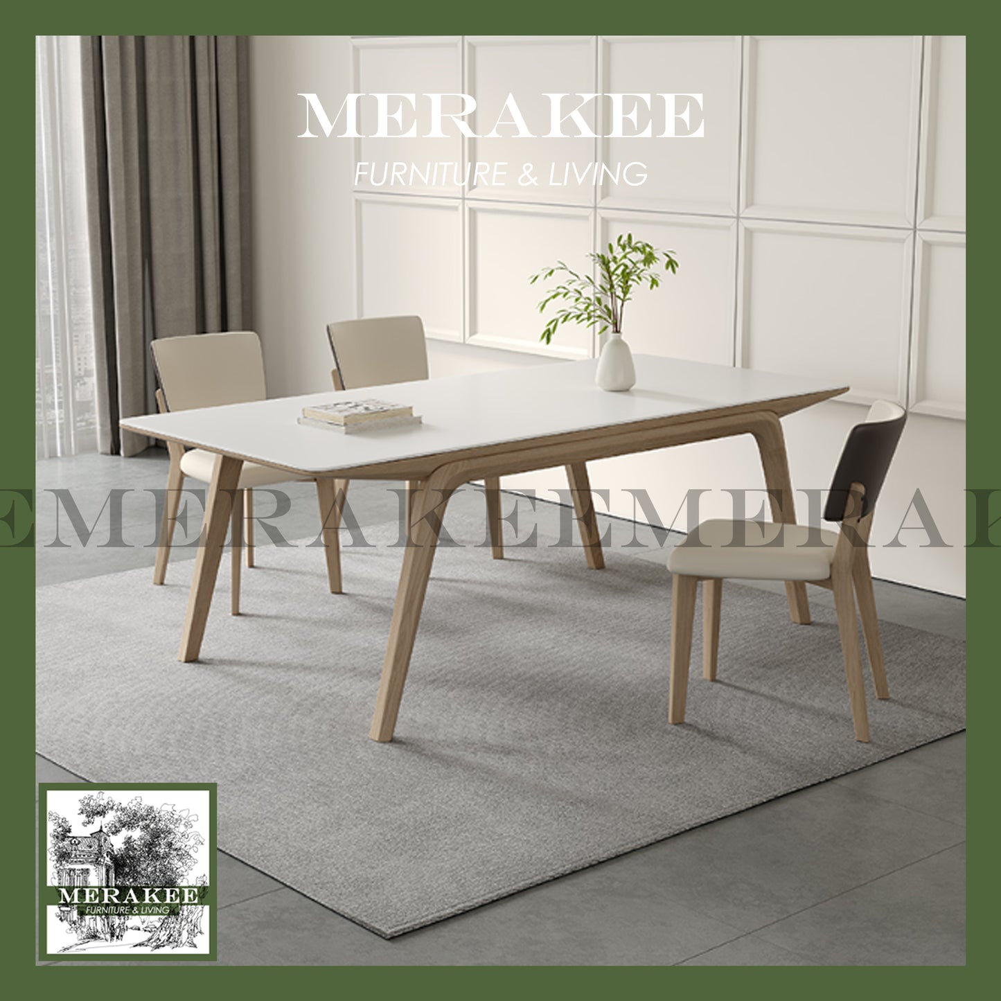 MERAKEE Customized Marble Like Sintered Stone Solid Ash Wood Stand Dining Table Dining Room Furniture AW14