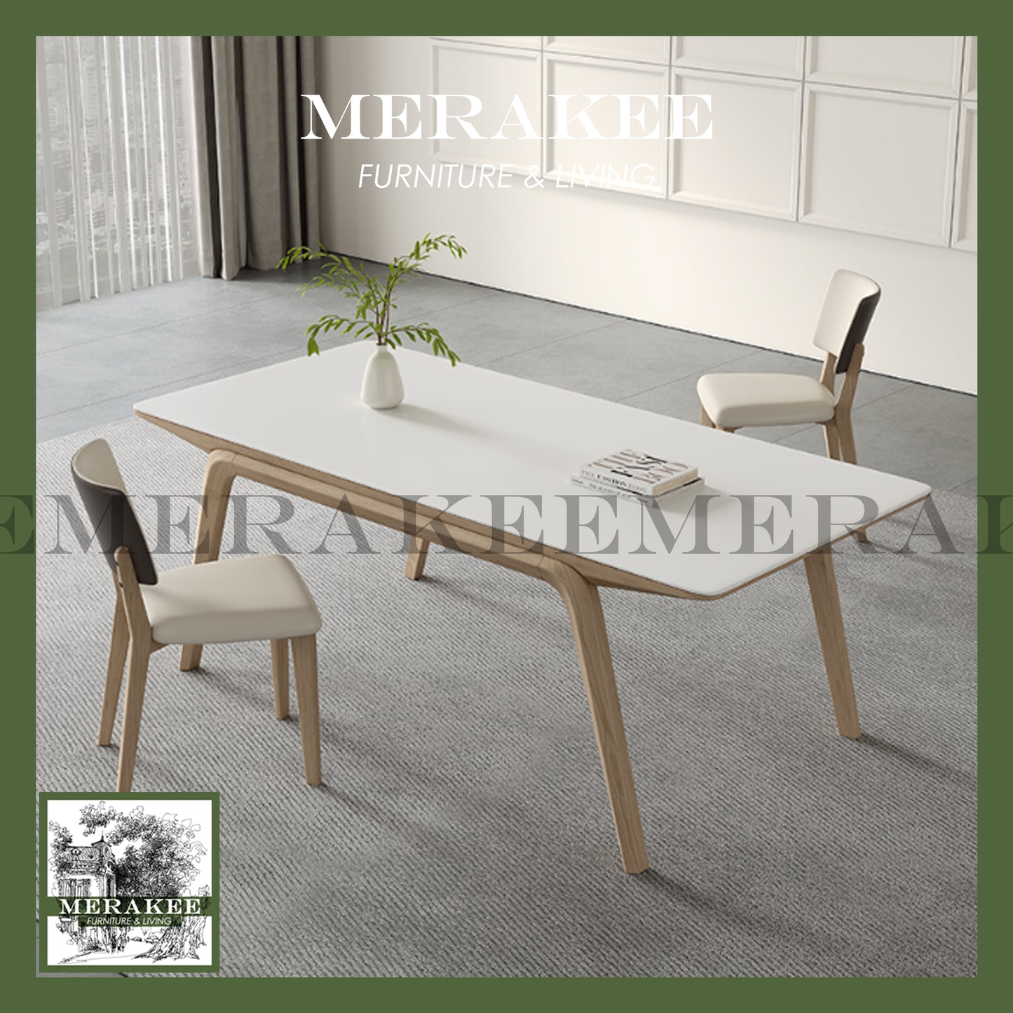 MERAKEE Customized Marble Like Sintered Stone Solid Ash Wood Stand Dining Table Dining Room Furniture AW14