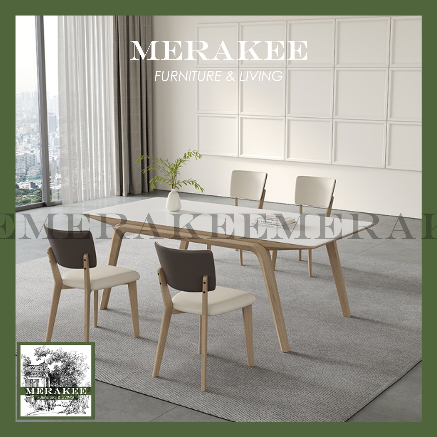 MERAKEE Customized Marble Like Sintered Stone Solid Ash Wood Stand Dining Table Dining Room Furniture AW14