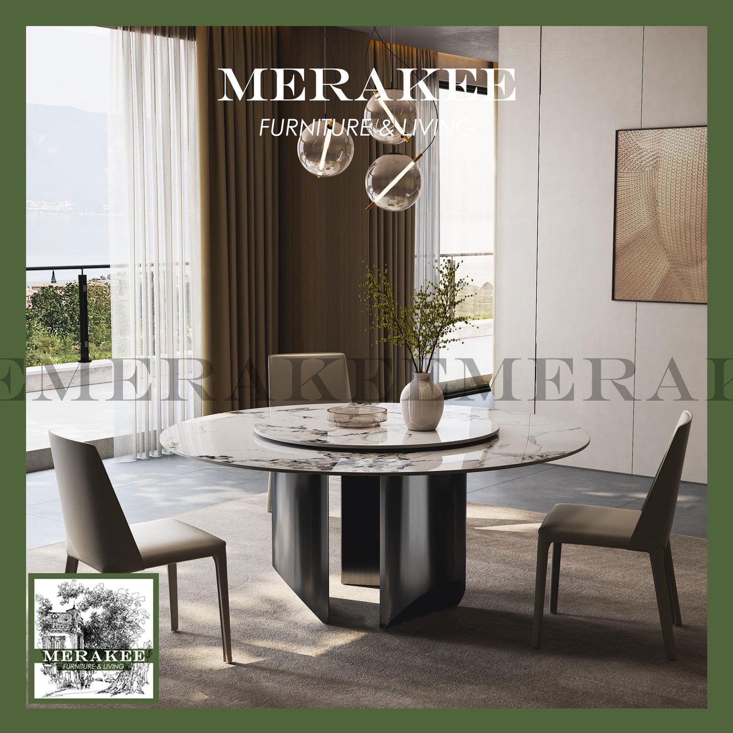 MERAKEE Customized Marble Like Sintered Stone Round Dining Table Stainless Steel Stand Dining Room Furniture F91