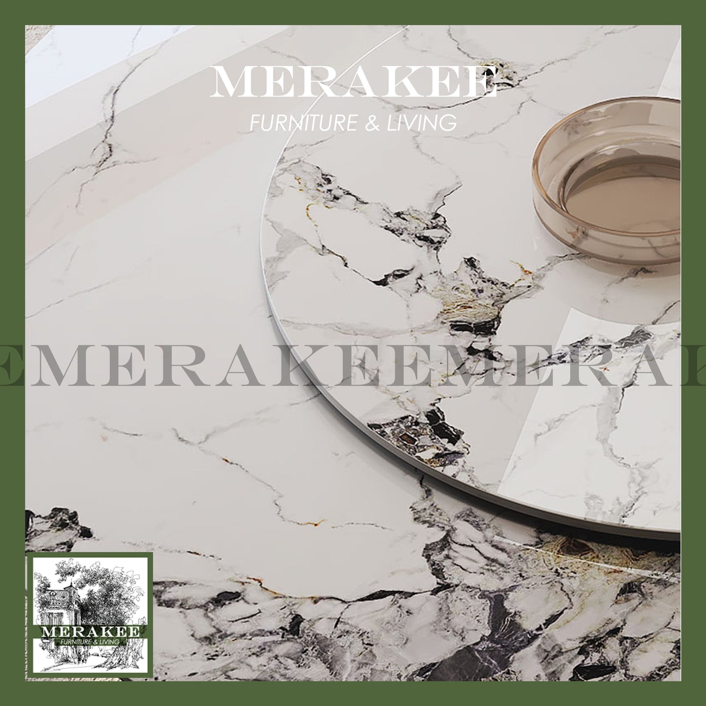 MERAKEE Customized Marble Like Sintered Stone Round Dining Table Stainless Steel Stand Dining Room Furniture F91