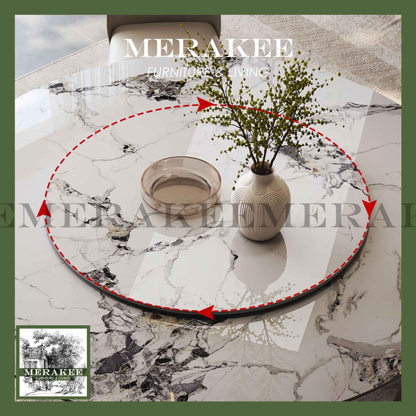 MERAKEE Customized Marble Like Sintered Stone Round Dining Table Stainless Steel Stand Dining Room Furniture F91