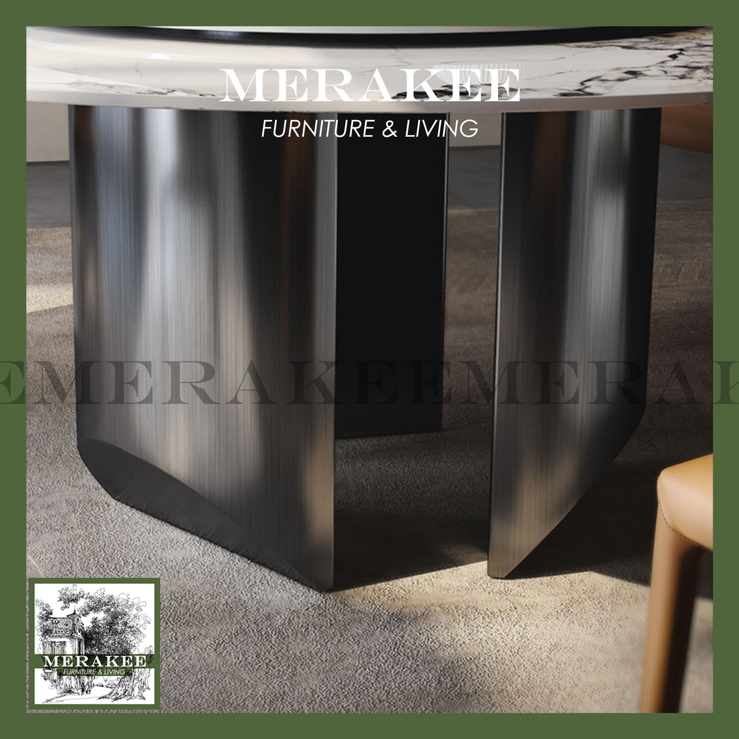 MERAKEE Customized Marble Like Sintered Stone Round Dining Table Stainless Steel Stand Dining Room Furniture F91