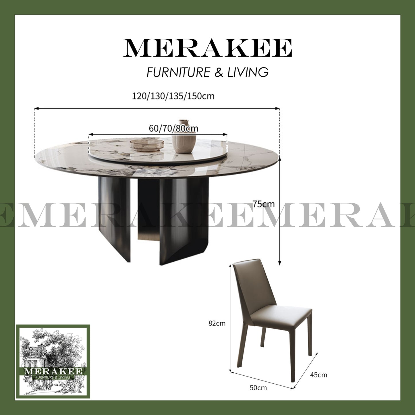 MERAKEE Customized Marble Like Sintered Stone Round Dining Table Stainless Steel Stand Dining Room Furniture F91