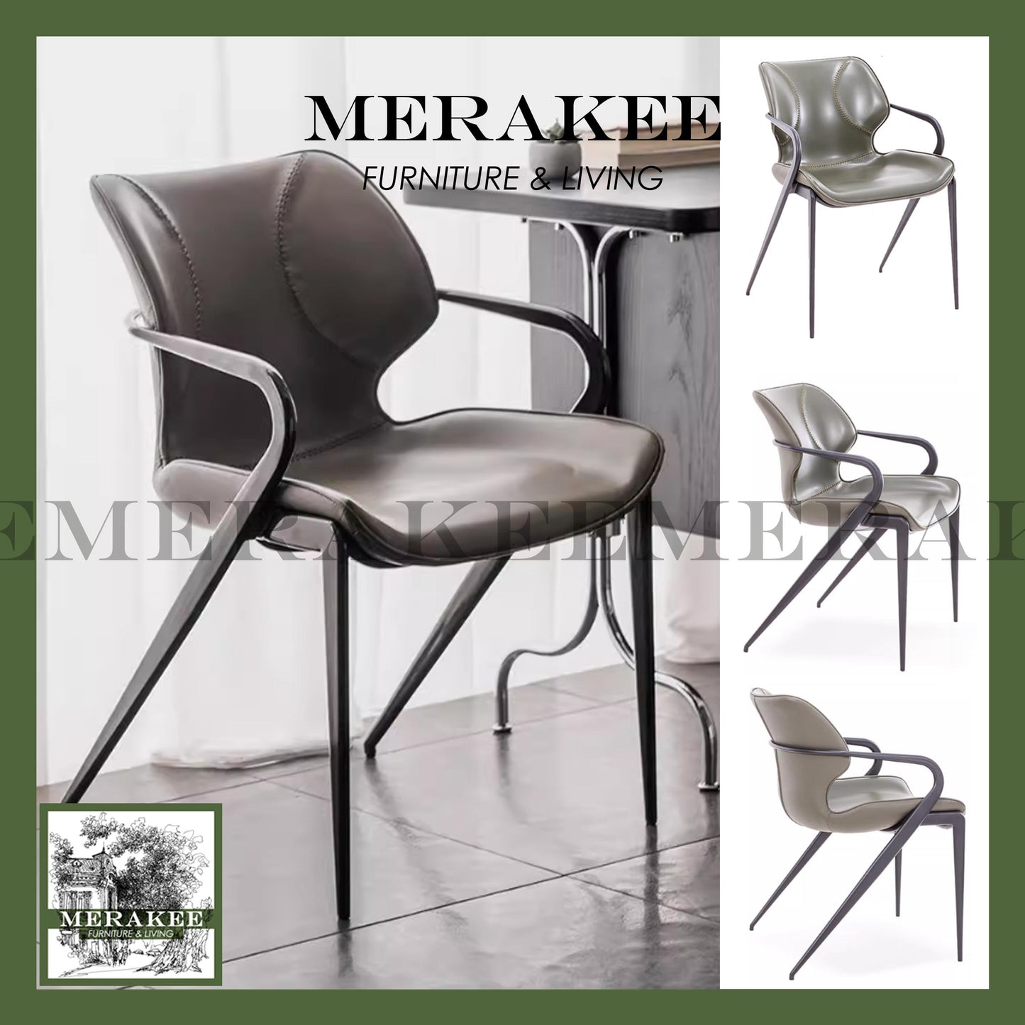 MERAKEE Dining Chair Saddle Leather Black/Gold/Rose Gold/Silver Stand Dining Room Furniture TS3650