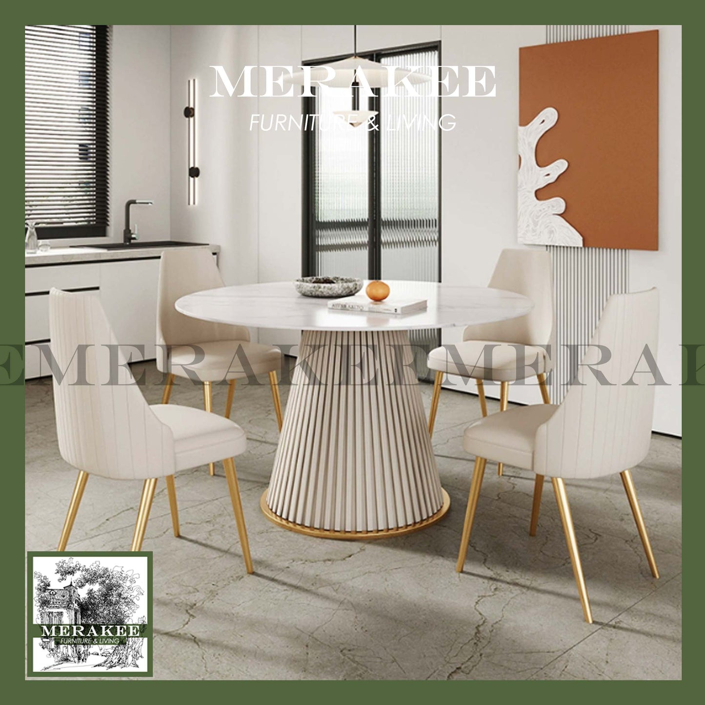 MERAKEE Sintered Stone Dining Table With Lazy Susan Customization Color Round Tabletop Stainless Steel Leg With PU Leather Dining Room Furniture PV45