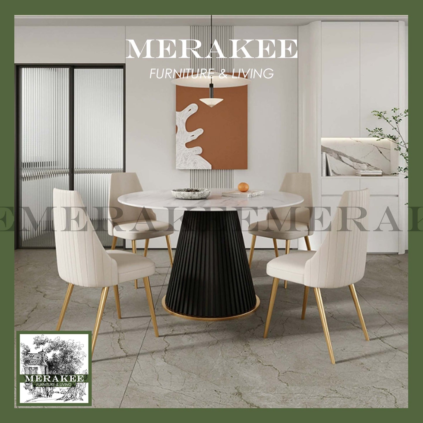 MERAKEE Sintered Stone Dining Table With Lazy Susan Customization Color Round Tabletop Stainless Steel Leg With PU Leather Dining Room Furniture PV45