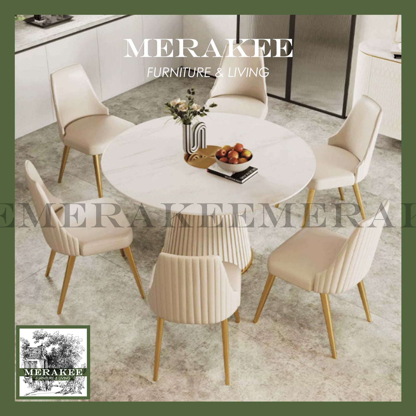 MERAKEE Sintered Stone Dining Table With Lazy Susan Customization Color Round Tabletop Stainless Steel Leg With PU Leather Dining Room Furniture PV45