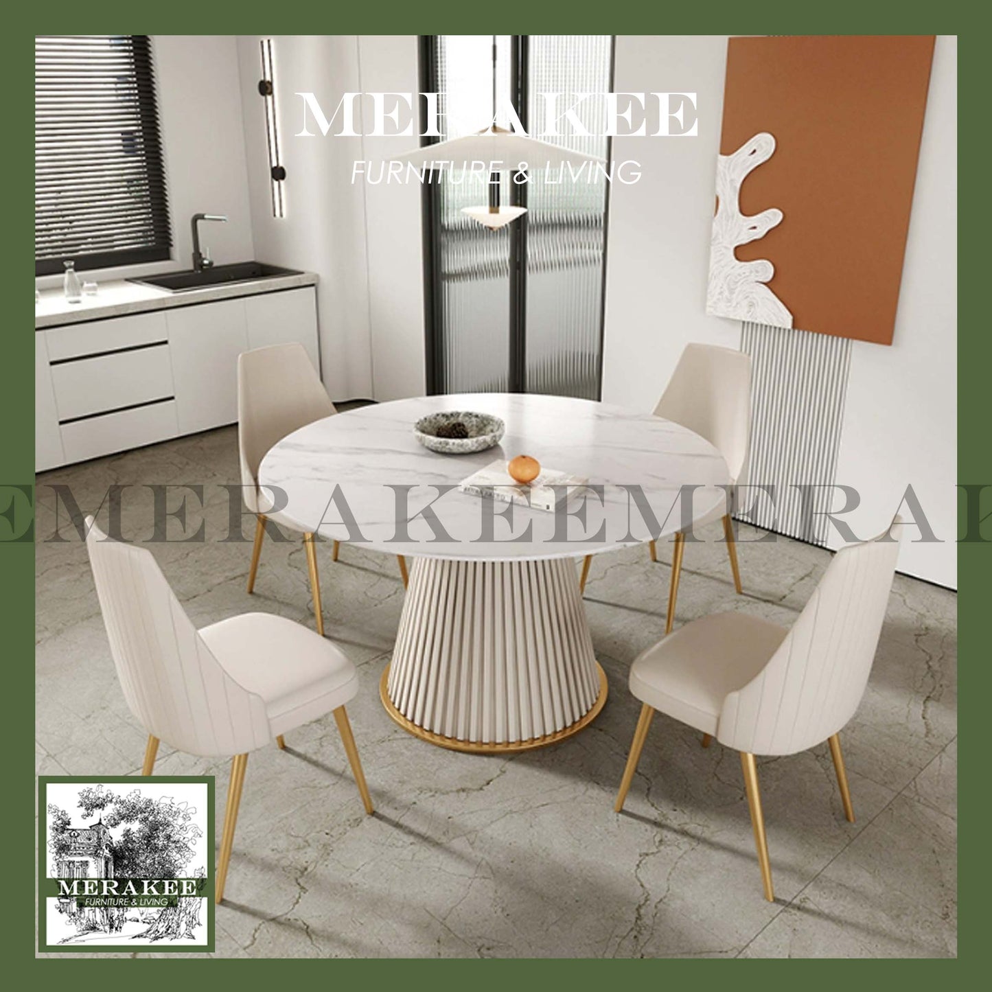 MERAKEE Sintered Stone Dining Table With Lazy Susan Customization Color Round Tabletop Stainless Steel Leg With PU Leather Dining Room Furniture PV45
