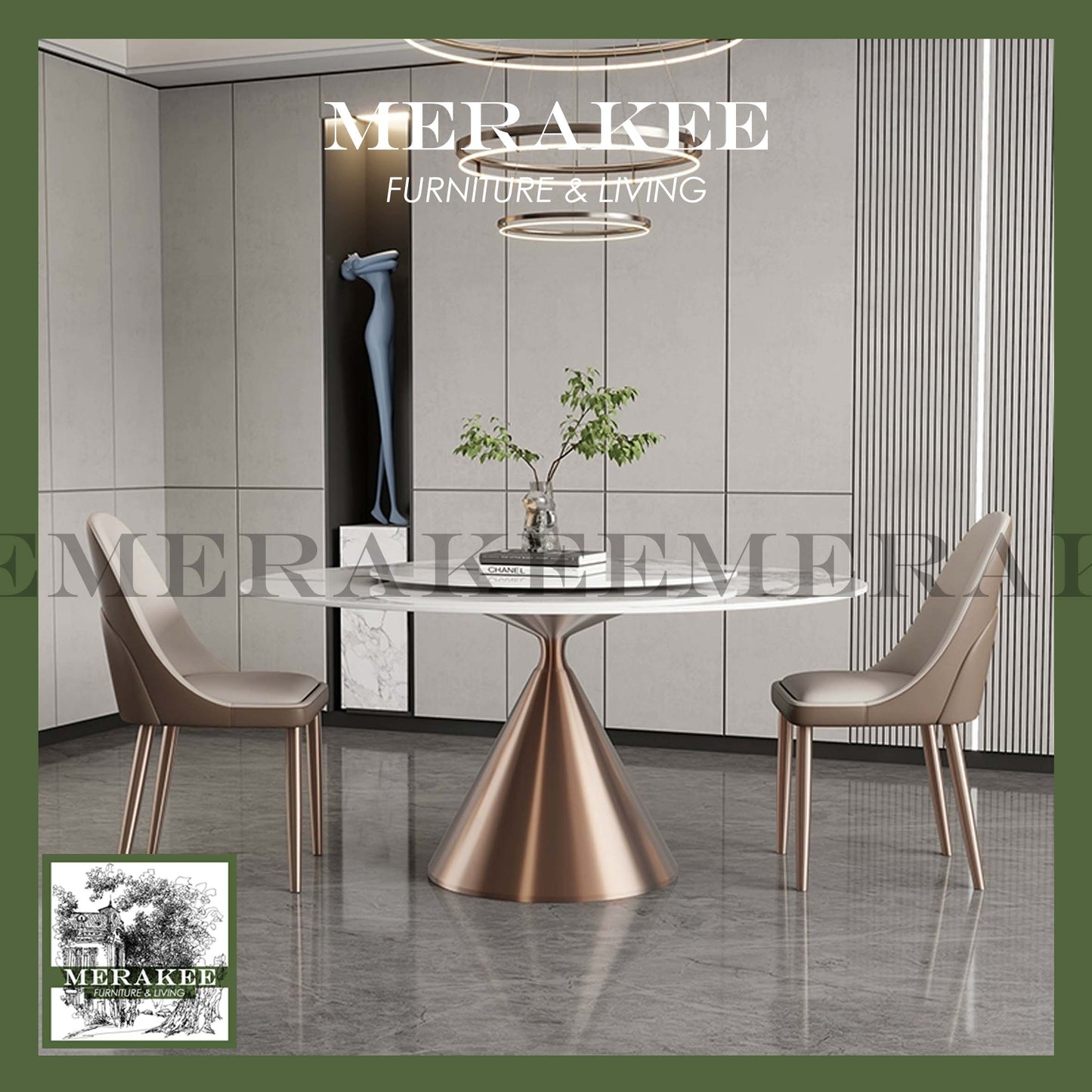 MERAKEE Sintered Stone Round Dining Table With Lazy Susan Customization Color Tabletop Stainless Steel Gold/Rose Gold/Black Stand Dining Room Furniture PV43