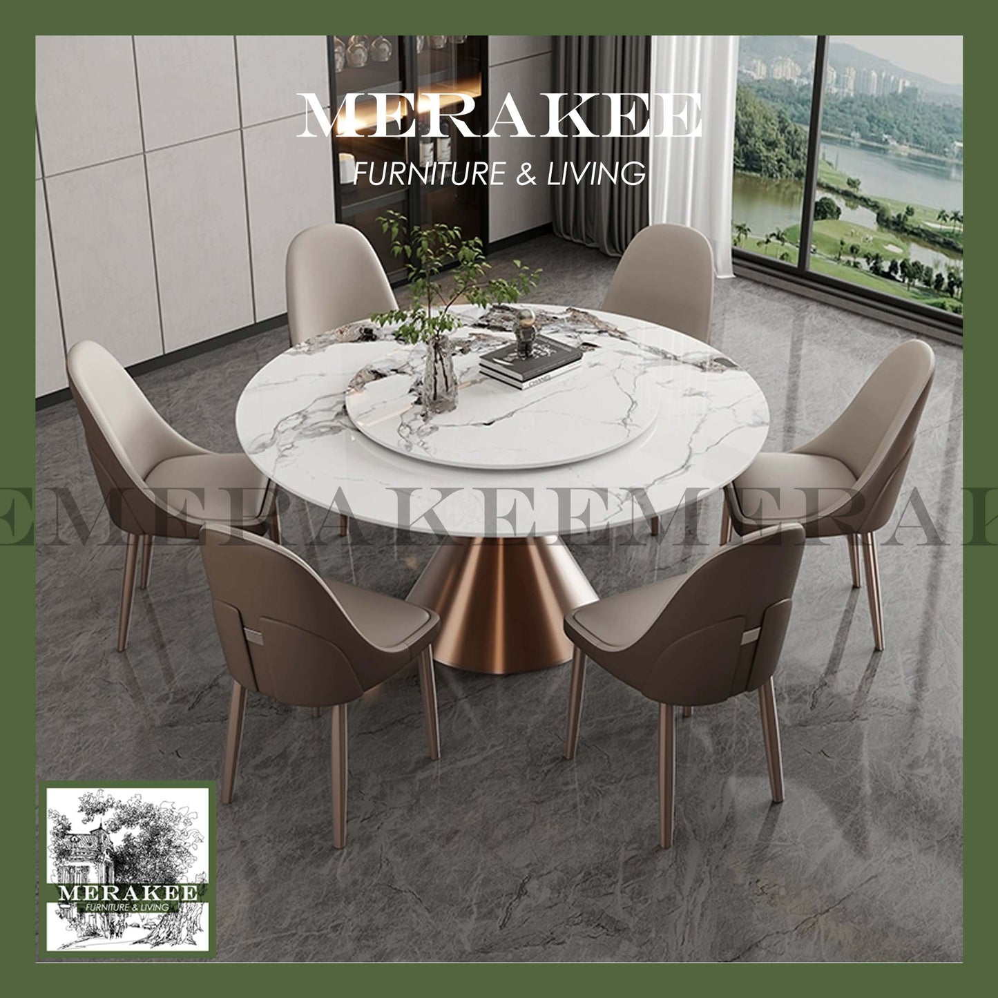 MERAKEE Sintered Stone Round Dining Table With Lazy Susan Customization Color Tabletop Stainless Steel Gold/Rose Gold/Black Stand Dining Room Furniture PV43
