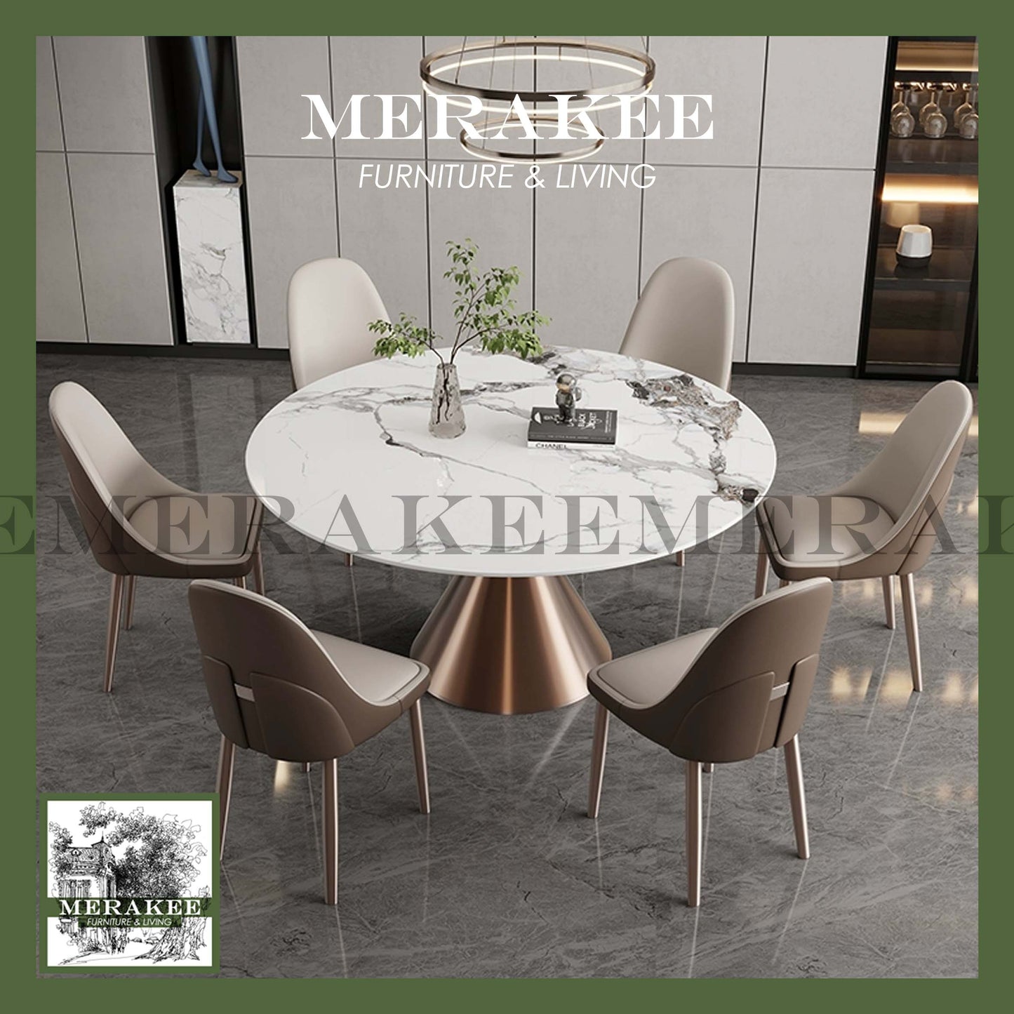 MERAKEE Sintered Stone Round Dining Table With Lazy Susan Customization Color Tabletop Stainless Steel Gold/Rose Gold/Black Stand Dining Room Furniture PV43