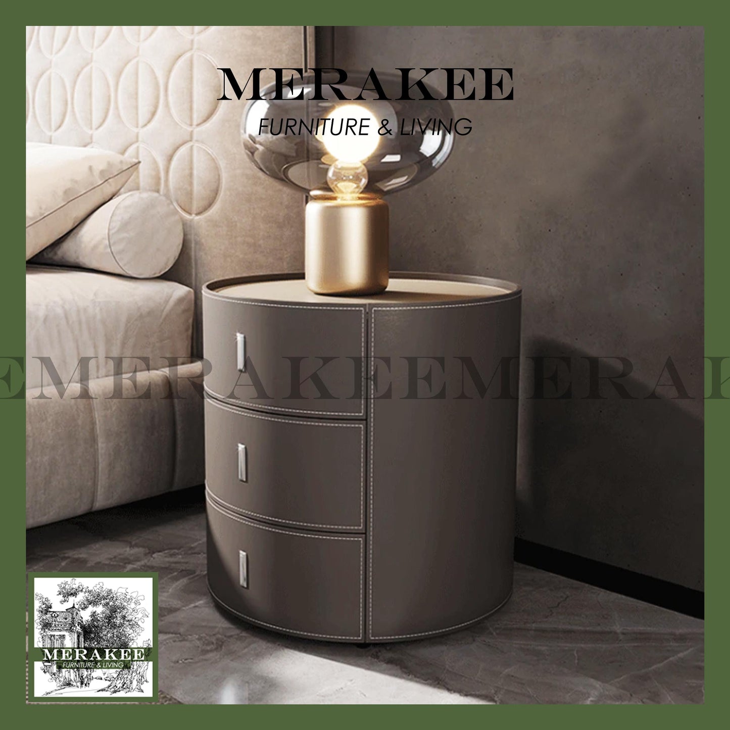 MERAKEE Bedside Table Solid Wood Cabinet Saddle Leather Bedroom Furniture M643