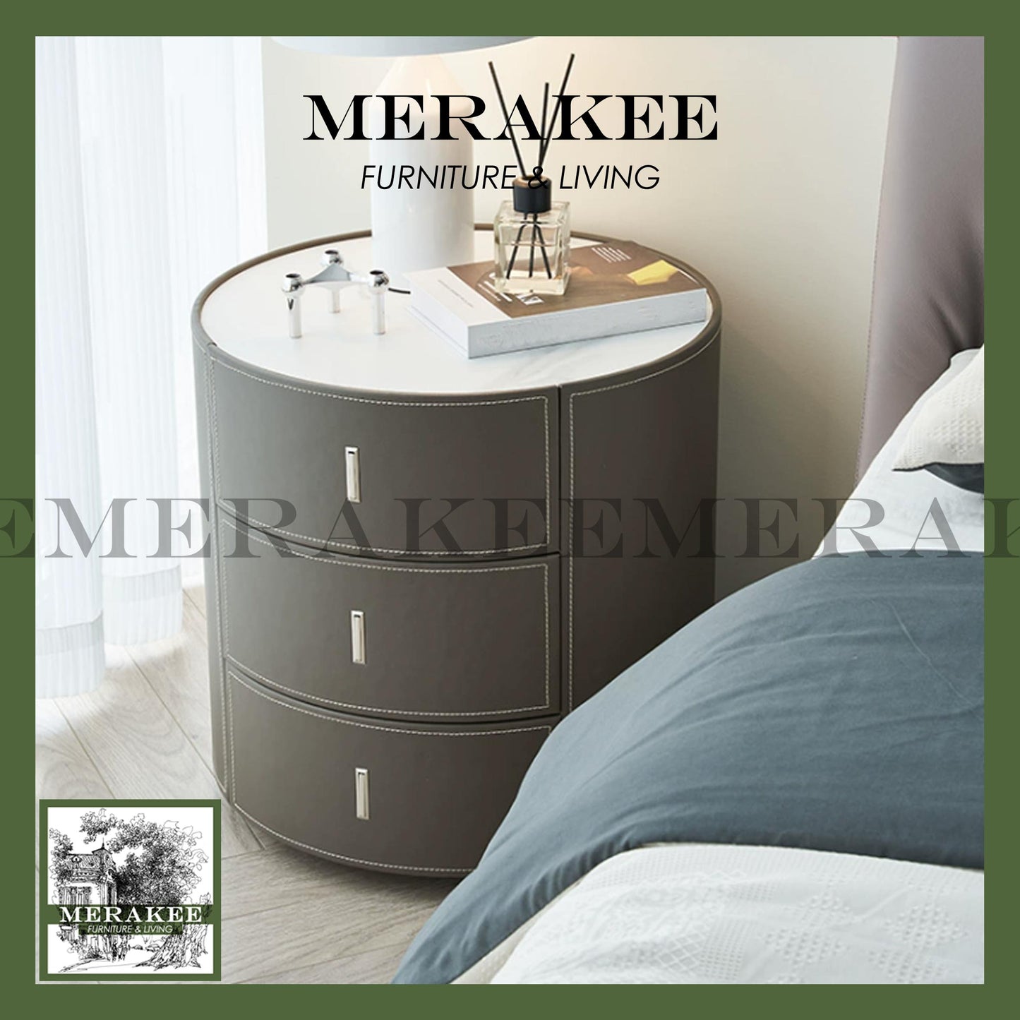 MERAKEE Bedside Table Solid Wood Cabinet Saddle Leather Bedroom Furniture M643