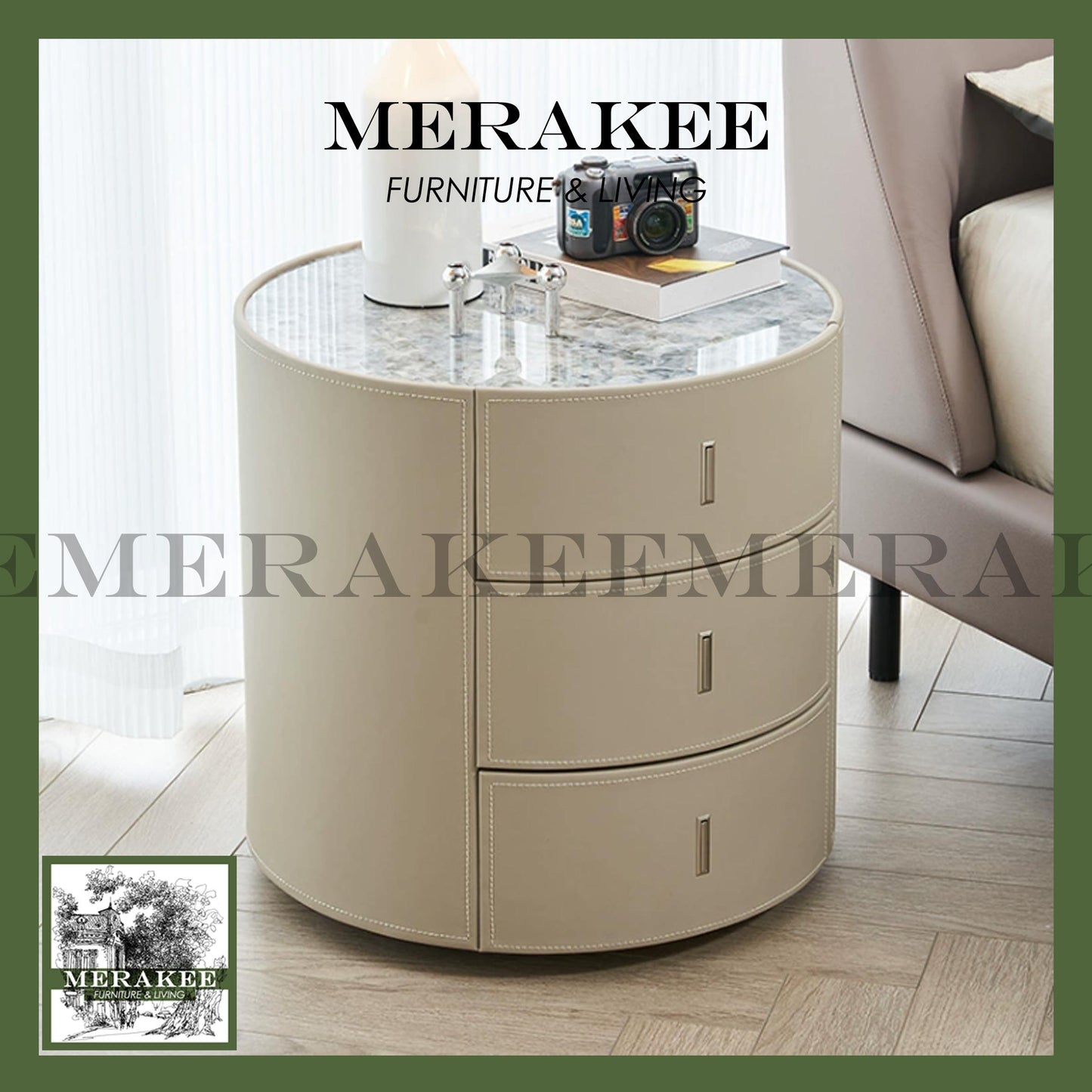 MERAKEE Bedside Table Solid Wood Cabinet Saddle Leather Bedroom Furniture M643