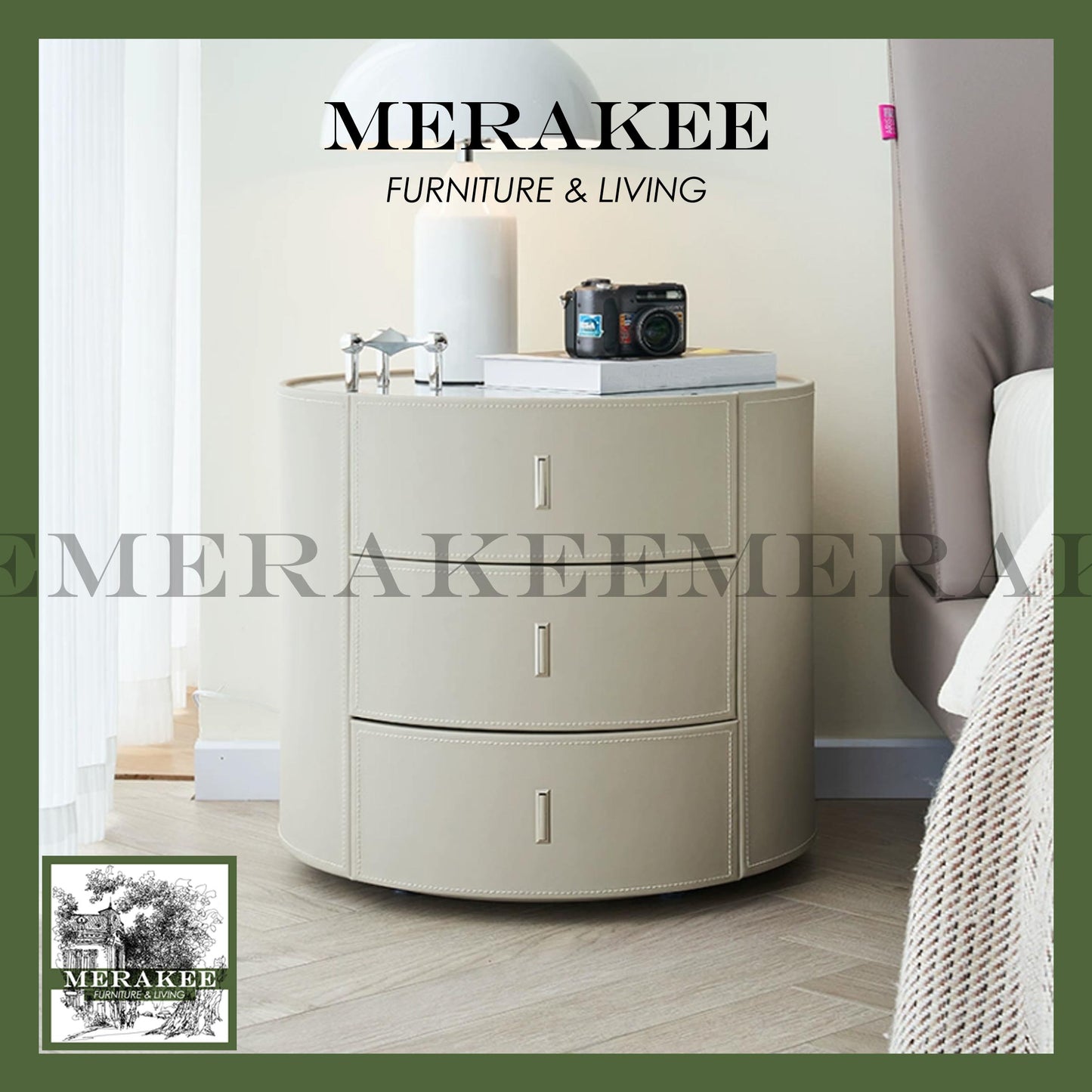 MERAKEE Bedside Table Solid Wood Cabinet Saddle Leather Bedroom Furniture M643