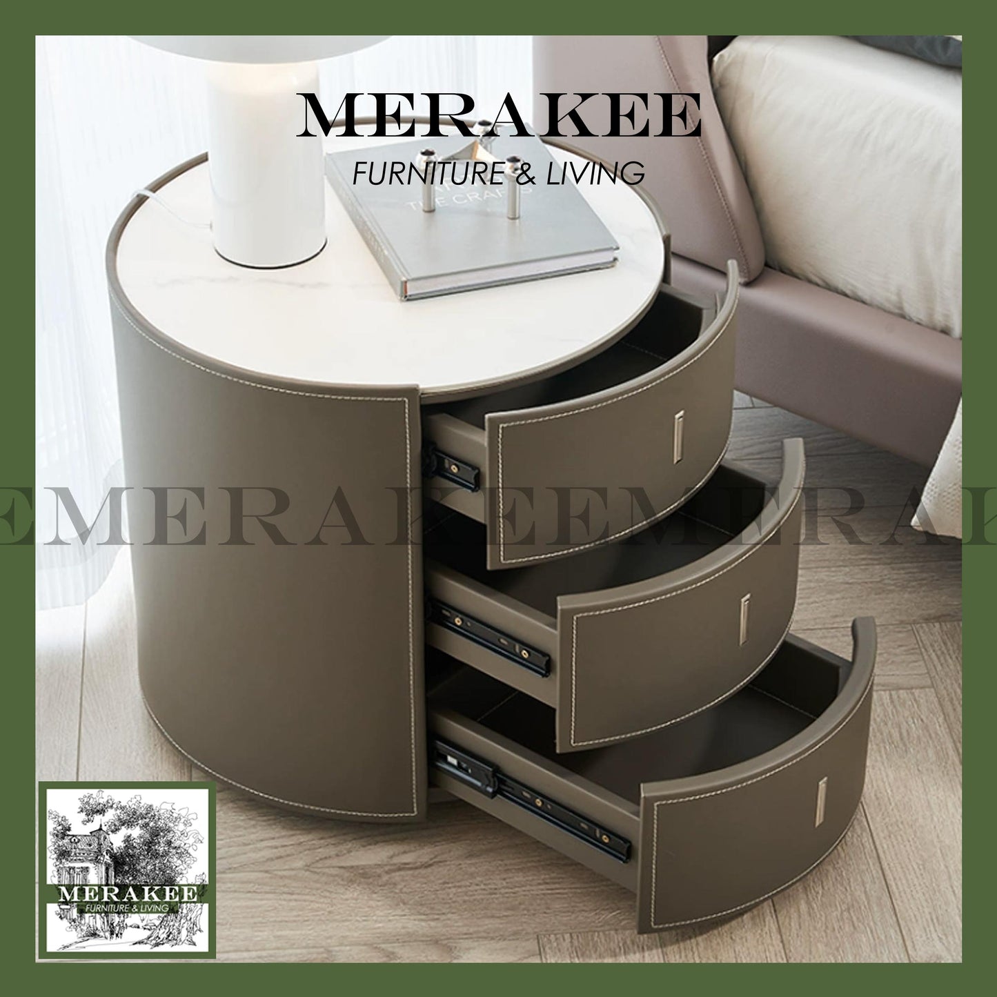 MERAKEE Bedside Table Solid Wood Cabinet Saddle Leather Bedroom Furniture M643