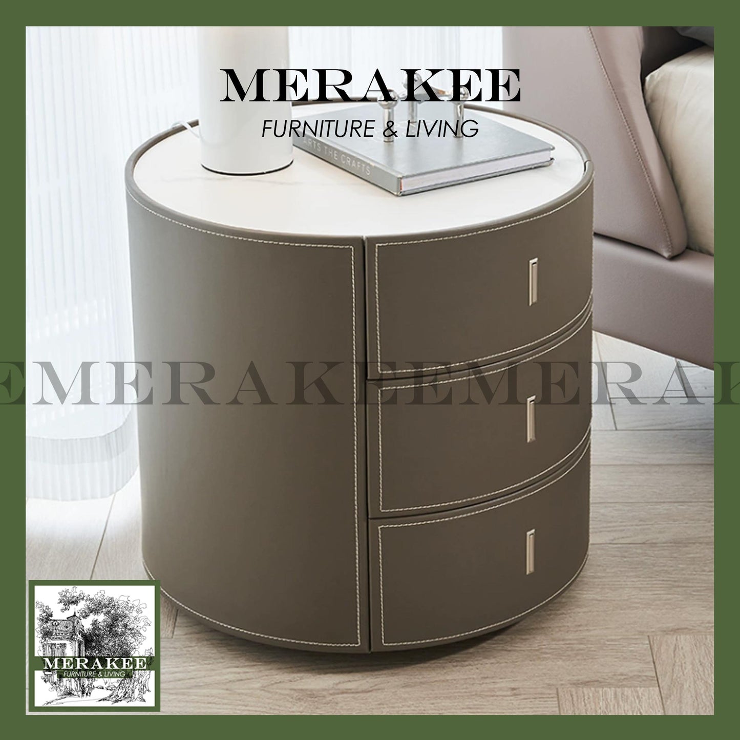 MERAKEE Bedside Table Solid Wood Cabinet Saddle Leather Bedroom Furniture M643