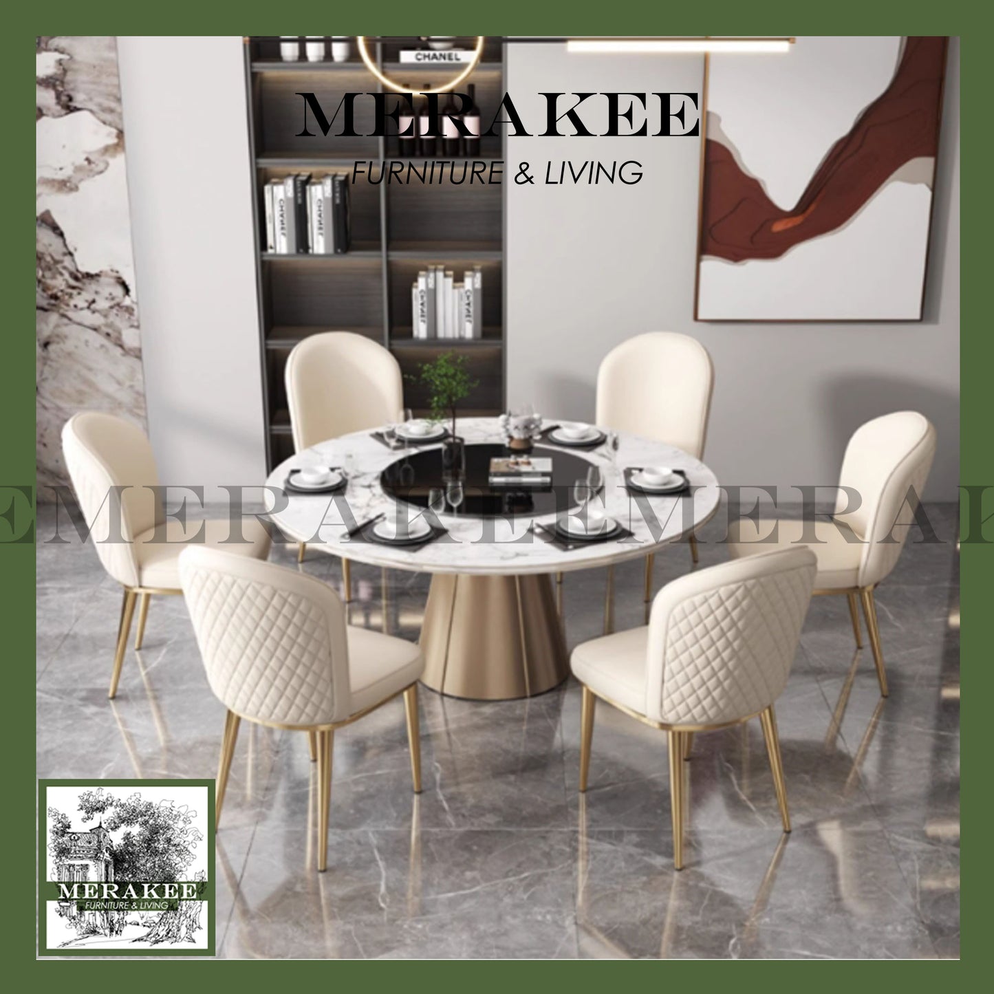 MERAKEE Dining Chair PU Leather Solid Wood Frame Gold Leg Dining Room Furniture JCY31