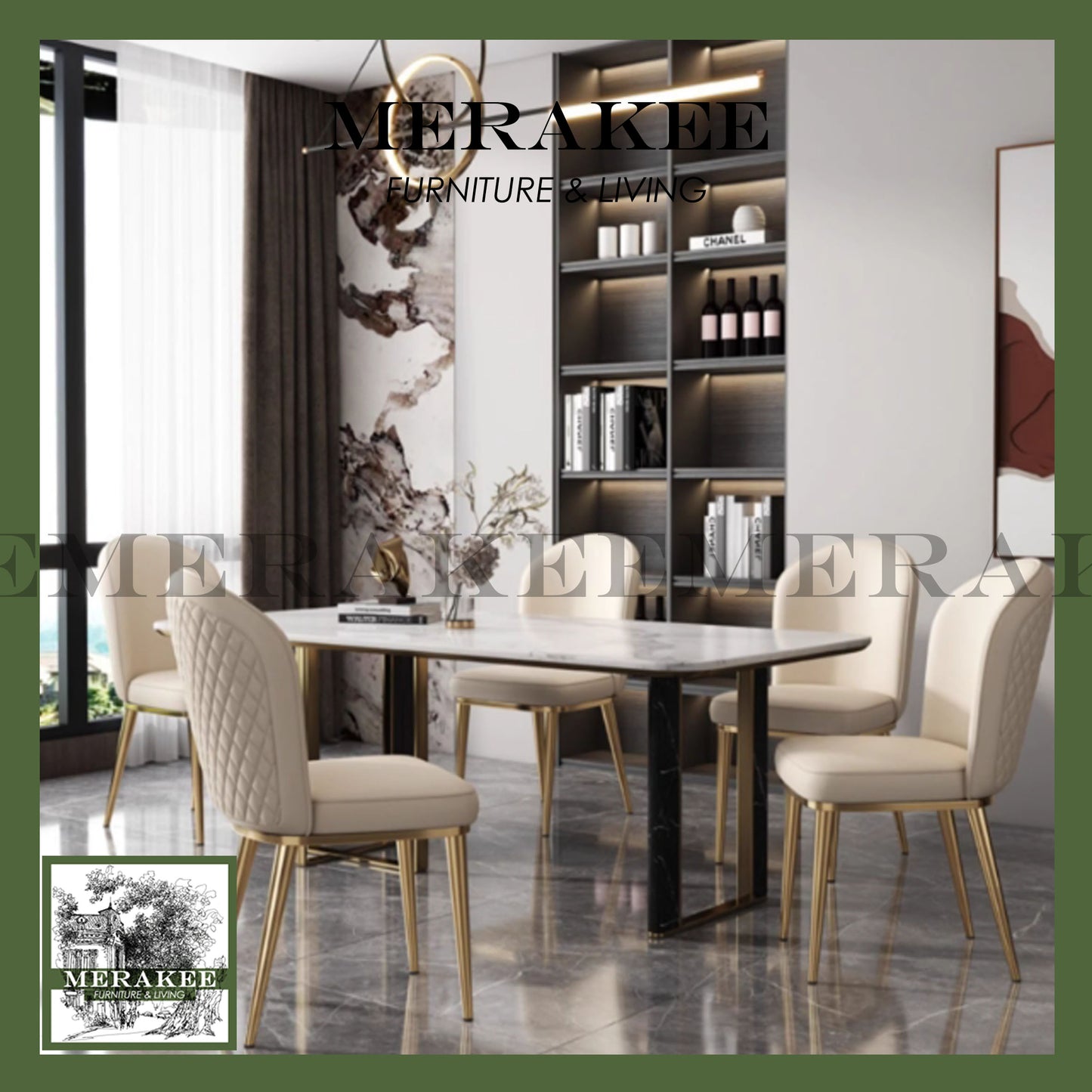 MERAKEE Dining Chair PU Leather Solid Wood Frame Gold Leg Dining Room Furniture JCY31