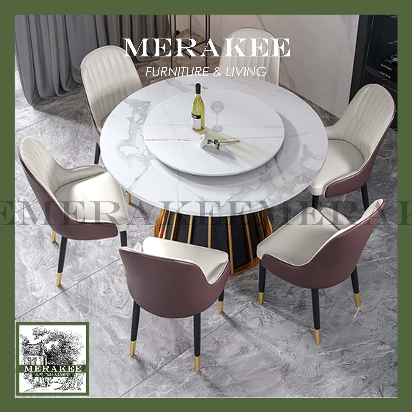 MERAKEE Sintered Stone Dining Table With Lazy Susan Customization Color Tabletop Dining Room Furniture PV40