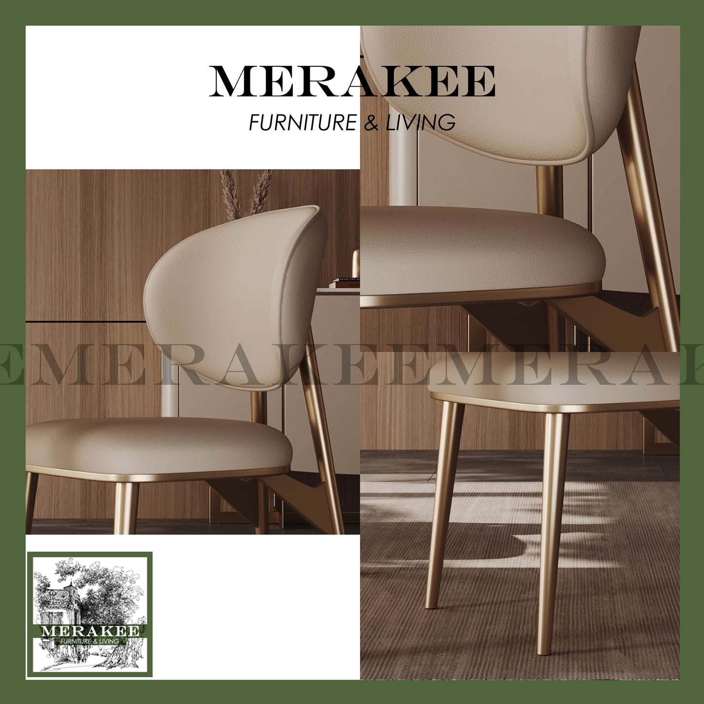 MERAKEE Dining Chair PU Leather Solid Wood Frame Gold Leg Dining Room Furniture JCY40