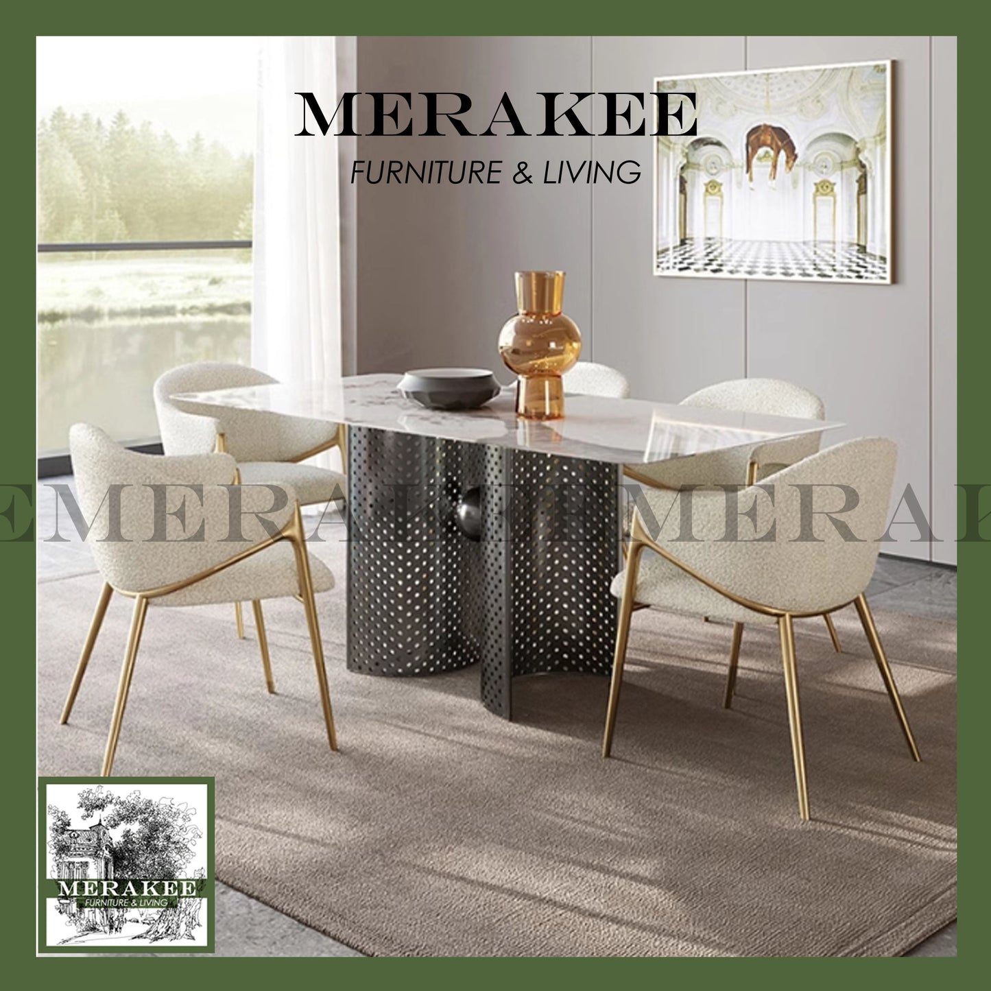 MERAKEE Dining Chair PU Leather Solid Wood Frame Gold Leg Dining Room Furniture JCY46