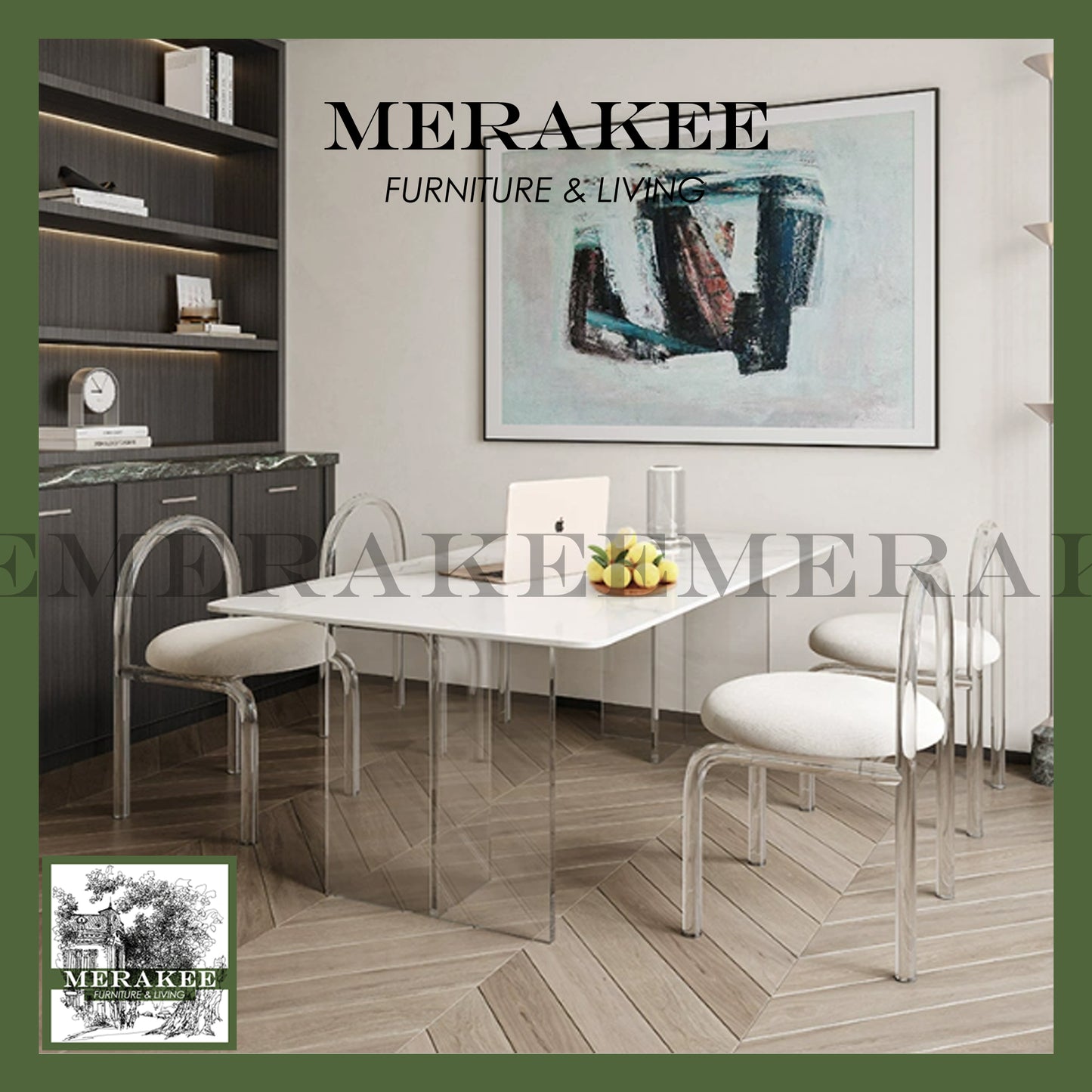 MERAKEE Customized Marble Like Sintered Stone Dining Table With Acrylic Leg Dining Room Furniture AC02