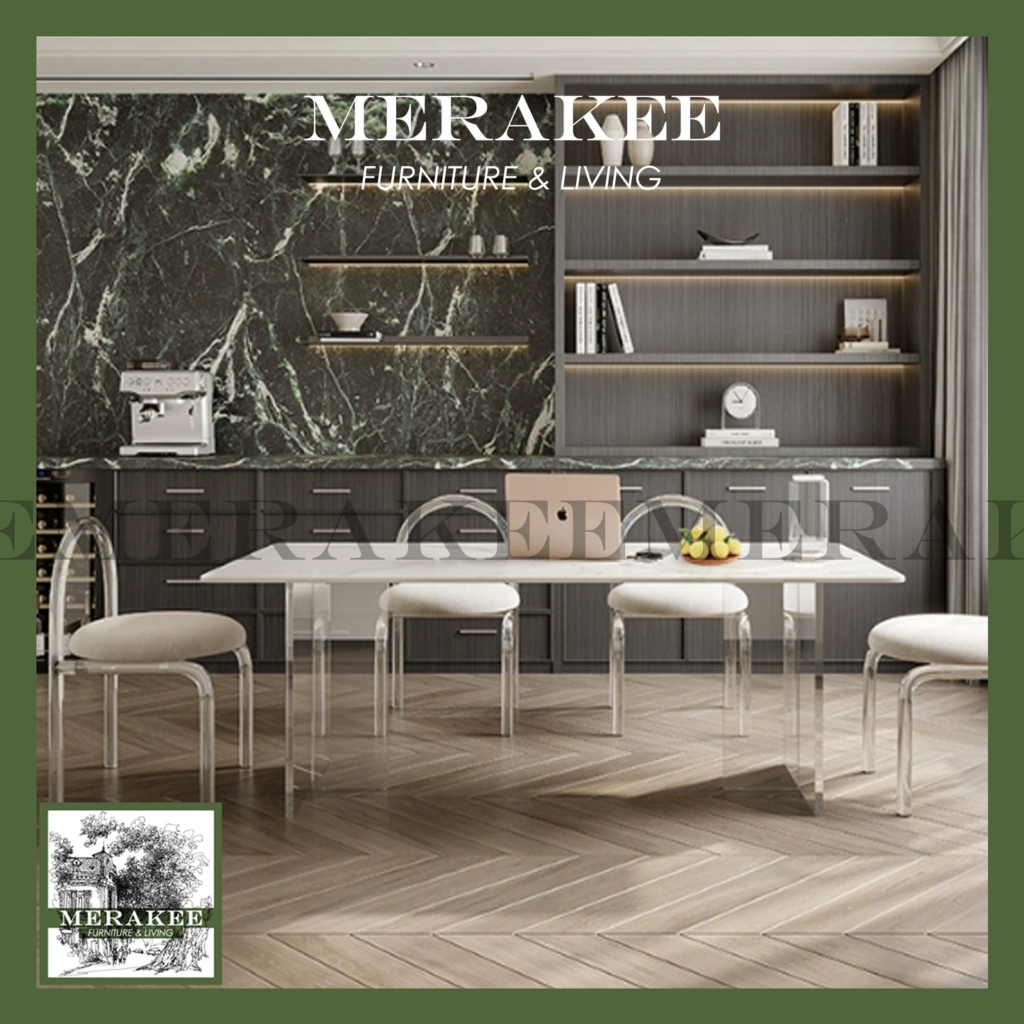 MERAKEE Customized Marble Like Sintered Stone Dining Table With Acrylic Leg Dining Room Furniture AC02