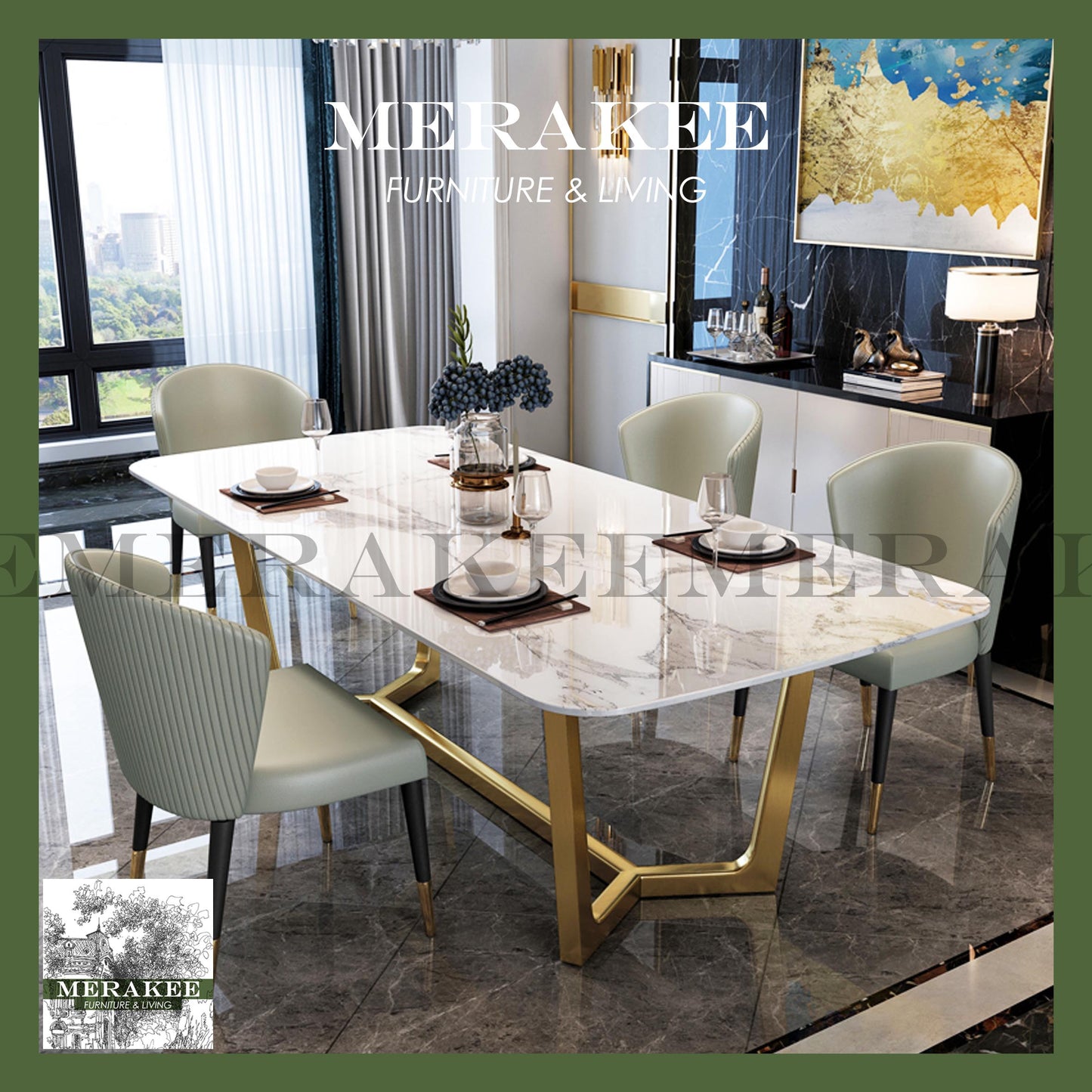 MERAKEE Customized Marble Like Sintered Stone Dining Table Gold Stainless Steel Stand Dining Room Furniture VQ02