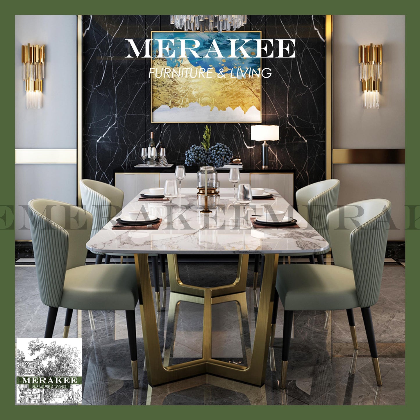 MERAKEE Customized Marble Like Sintered Stone Dining Table Gold Stainless Steel Stand Dining Room Furniture VQ02
