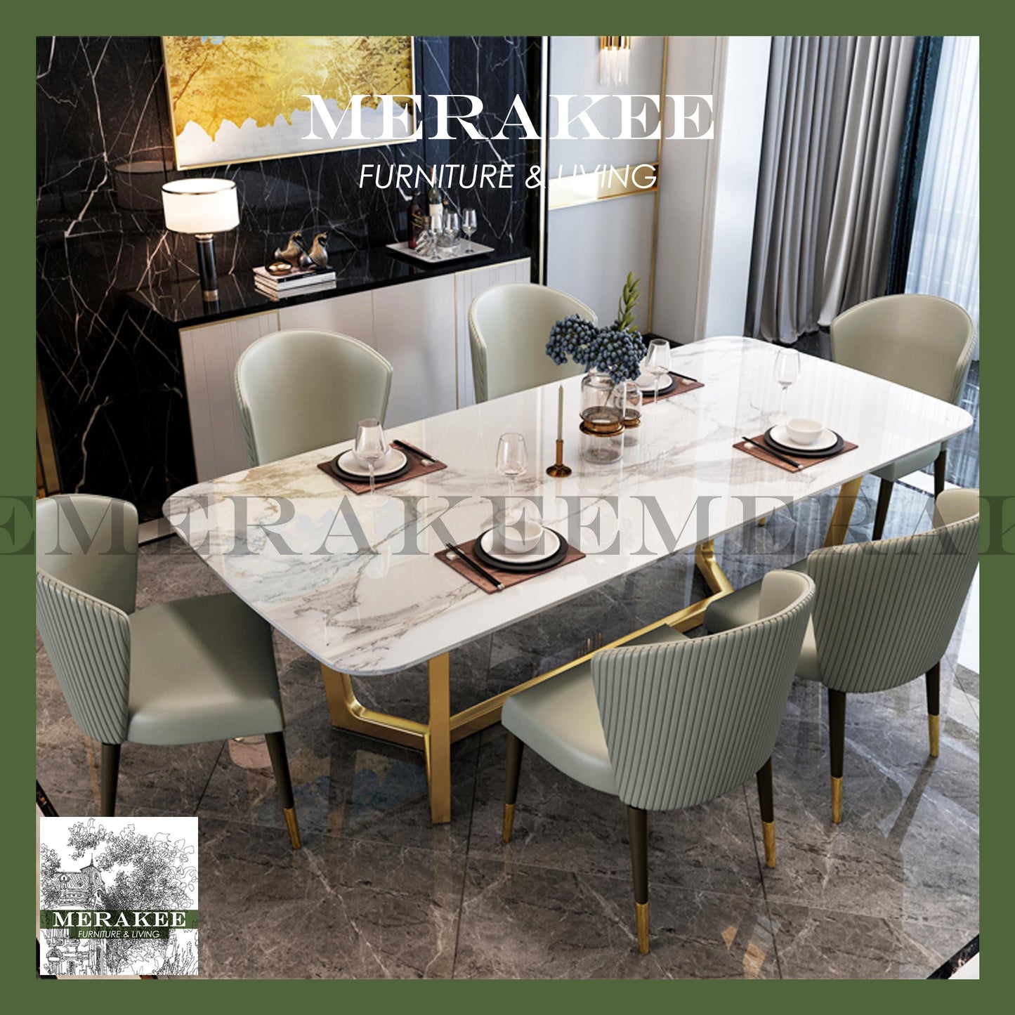 MERAKEE Customized Marble Like Sintered Stone Dining Table Gold Stainless Steel Stand Dining Room Furniture VQ02