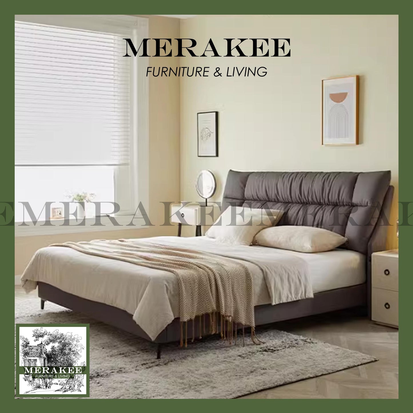 MERAKEE Queen/King Genuine Leather Bed Frame Bedroom Furniture JC8216