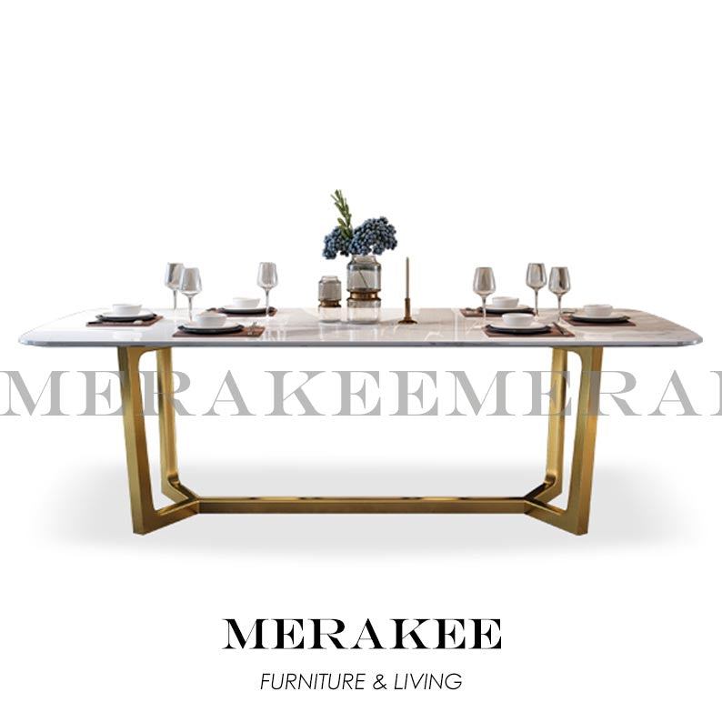MERAKEE Customized Marble Like Sintered Stone Dining Table Gold Stainless Steel Stand Dining Room Furniture VQ02