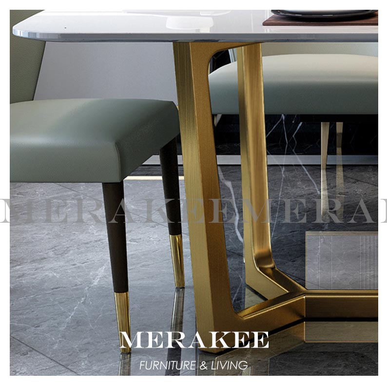 MERAKEE Customized Marble Like Sintered Stone Dining Table Gold Stainless Steel Stand Dining Room Furniture VQ02