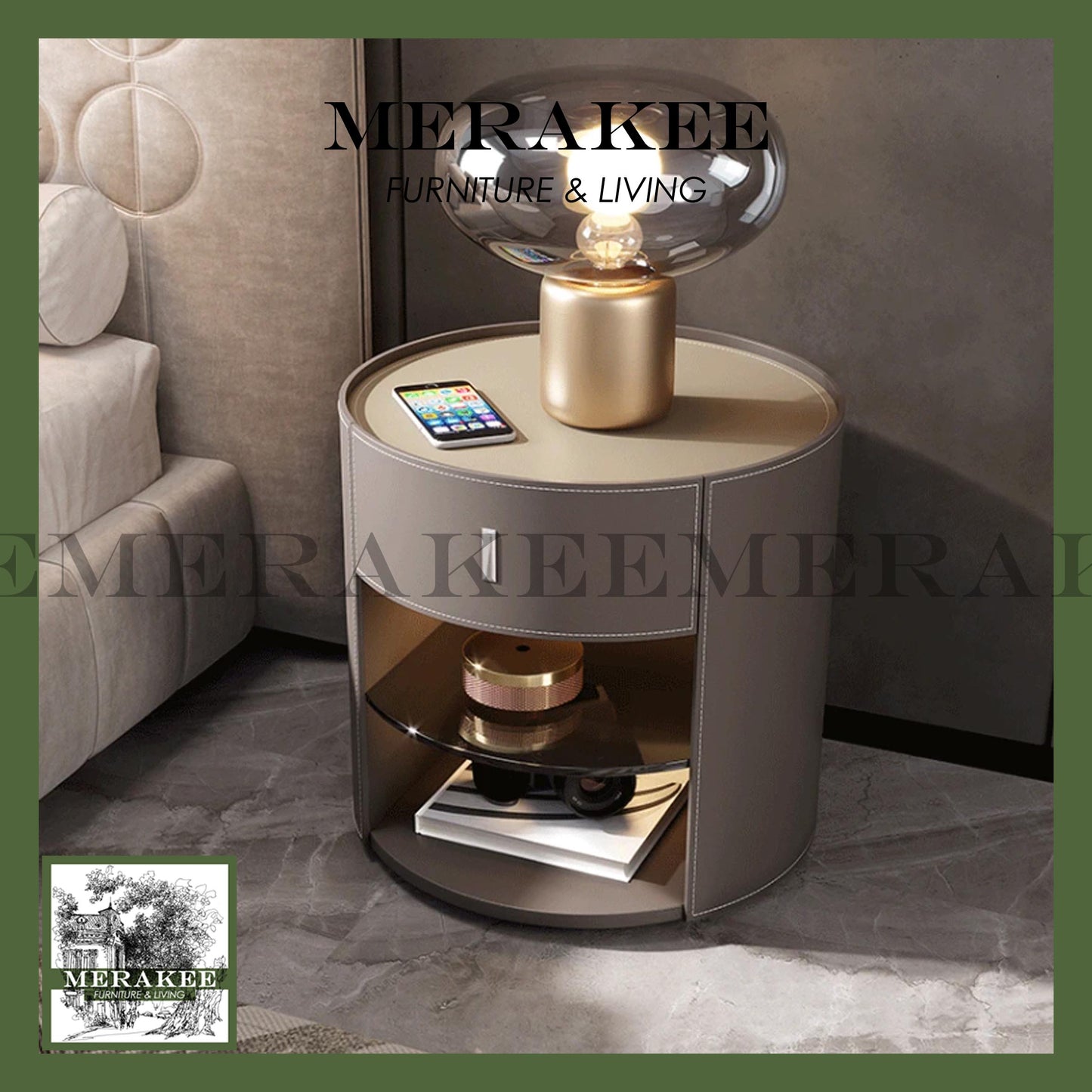 MERAKEE Bedside Table Solid Wood Cabinet Tempered Glass Saddle Leather Bedroom Furniture M651