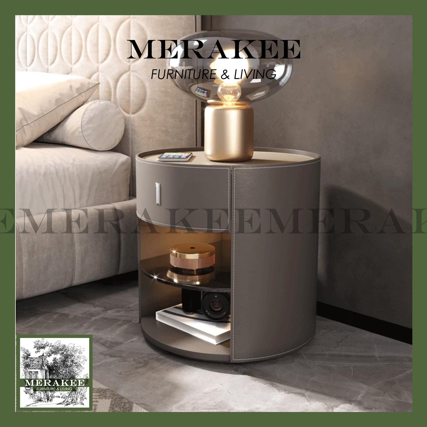 MERAKEE Bedside Table Solid Wood Cabinet Tempered Glass Saddle Leather Bedroom Furniture M651