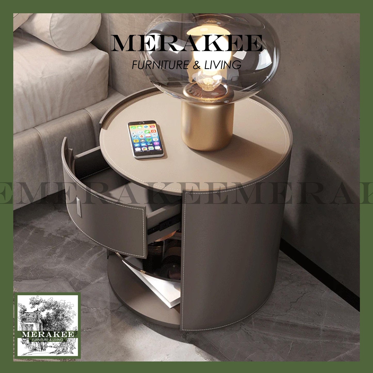 MERAKEE Bedside Table Solid Wood Cabinet Tempered Glass Saddle Leather Bedroom Furniture M651