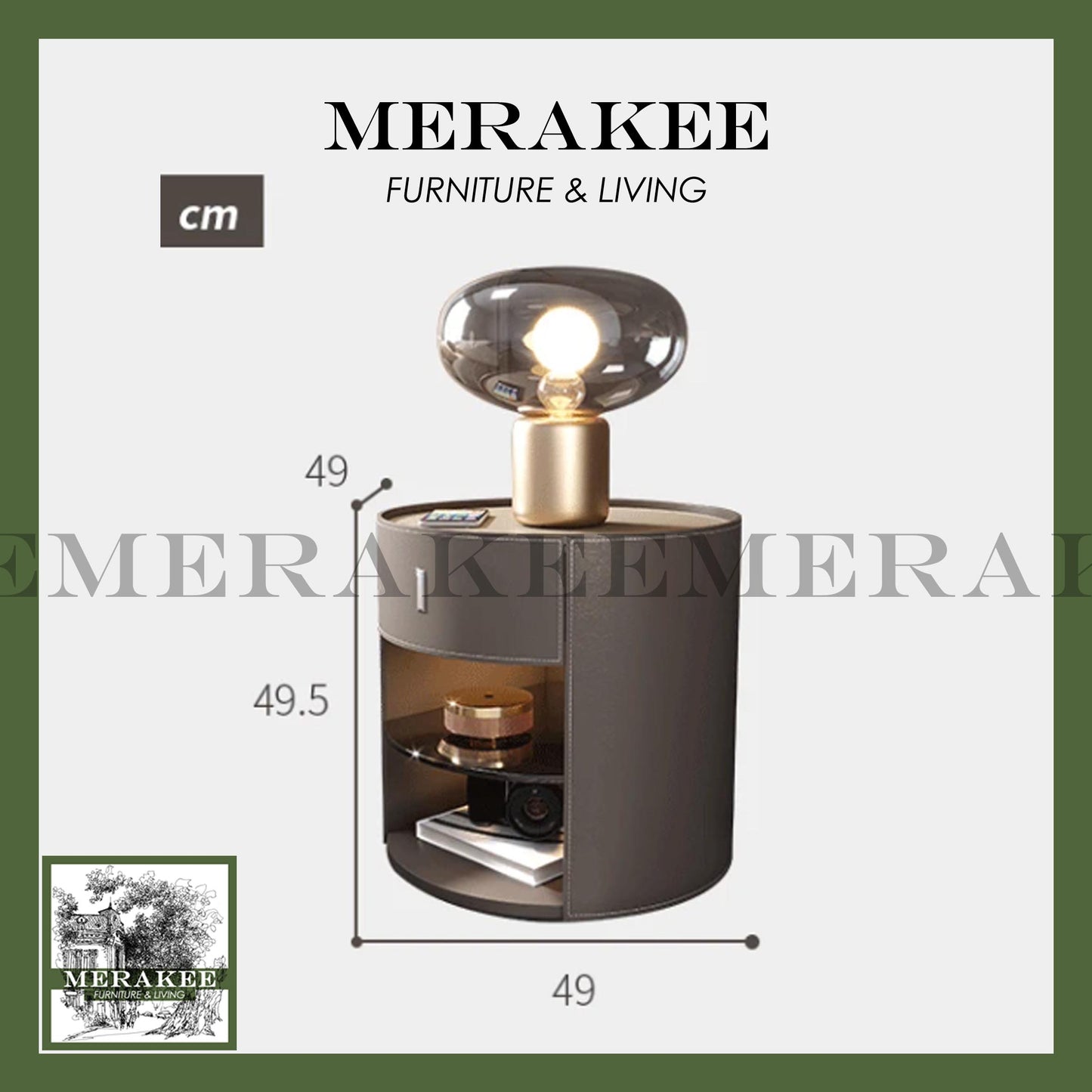 MERAKEE Bedside Table Solid Wood Cabinet Tempered Glass Saddle Leather Bedroom Furniture M651