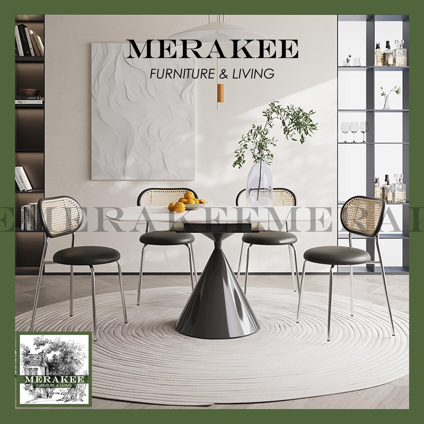 MERAKEE Customized Extendable Turning Round Marble Like Sintered Stone Dining Table Black White Dining Room Furniture F30