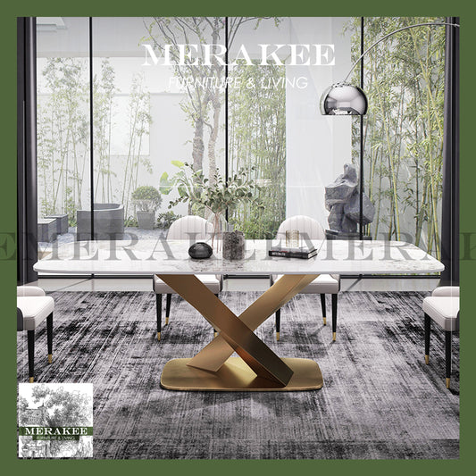 MERAKEE Customized Marble Like Sintered Stone Dining Table Dining Room Furniture Gold/Black Stand F002