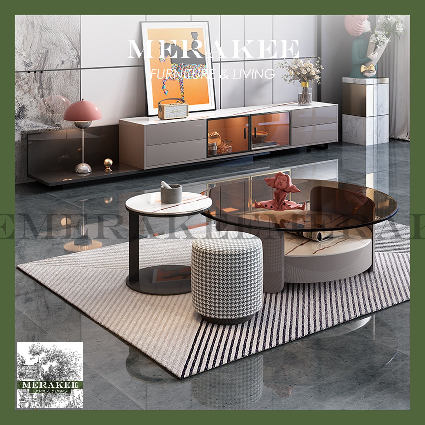 MERAKEE Marble Like Sintered Stone TV Console Cabinet Coffee Table Set Living Room Furniture DS757