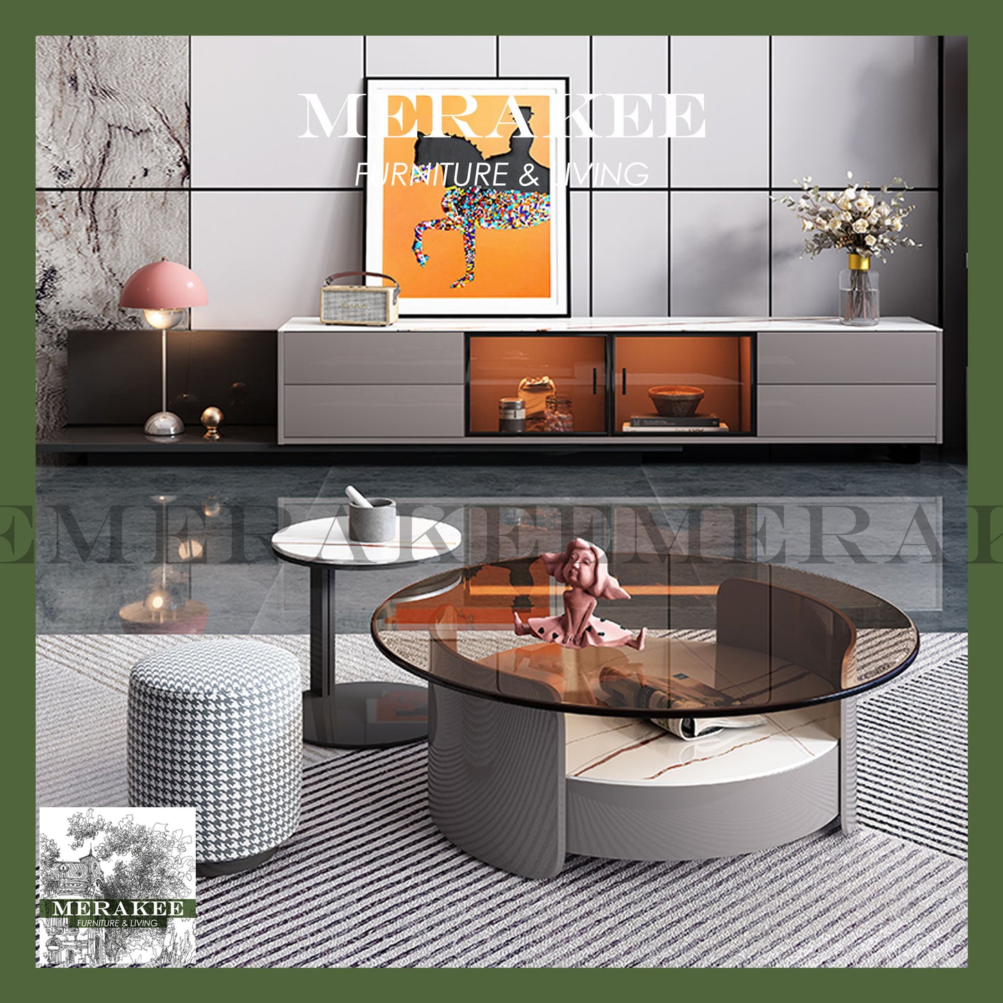 MERAKEE Marble Like Sintered Stone TV Console Cabinet Coffee Table Set Living Room Furniture DS757