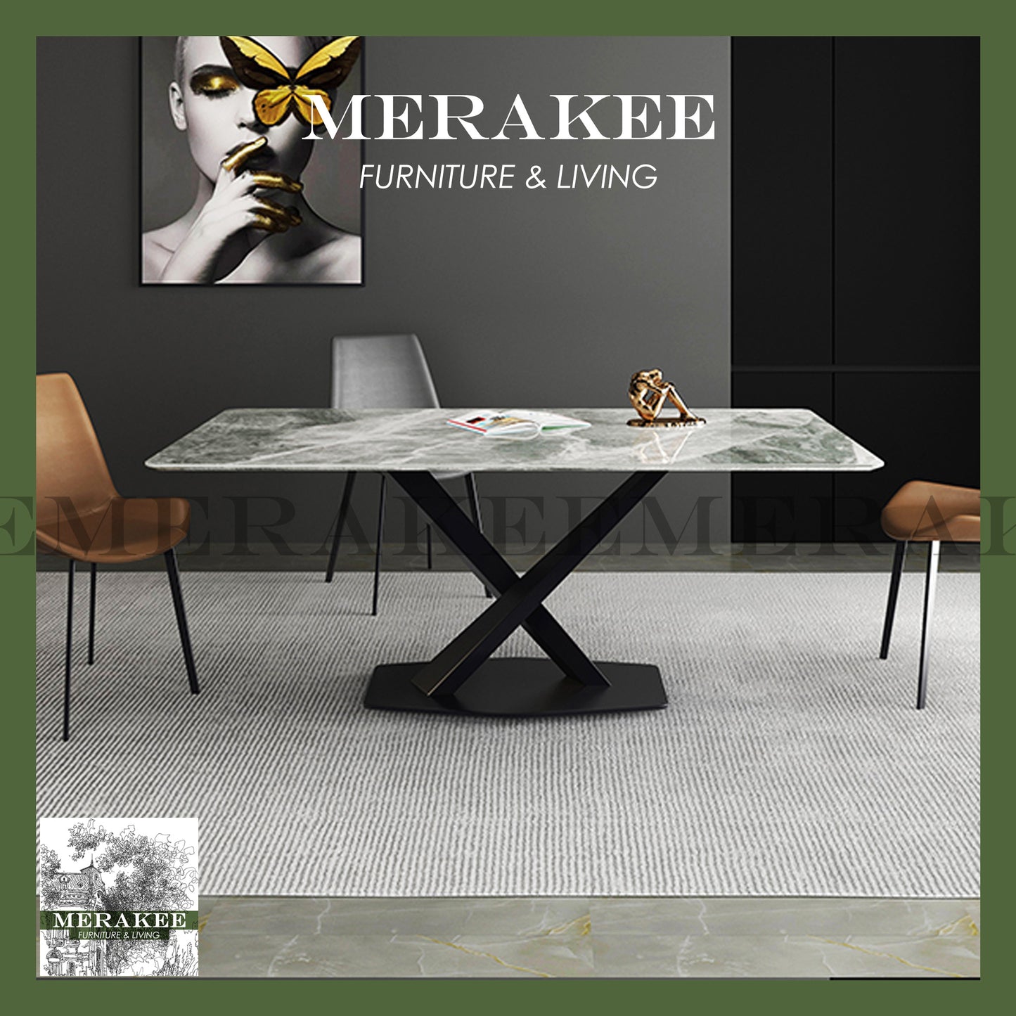 MERAKEE Customized Marble Like Sintered Stone Dining Table Dining Room Furniture Gold/Black Stand F002